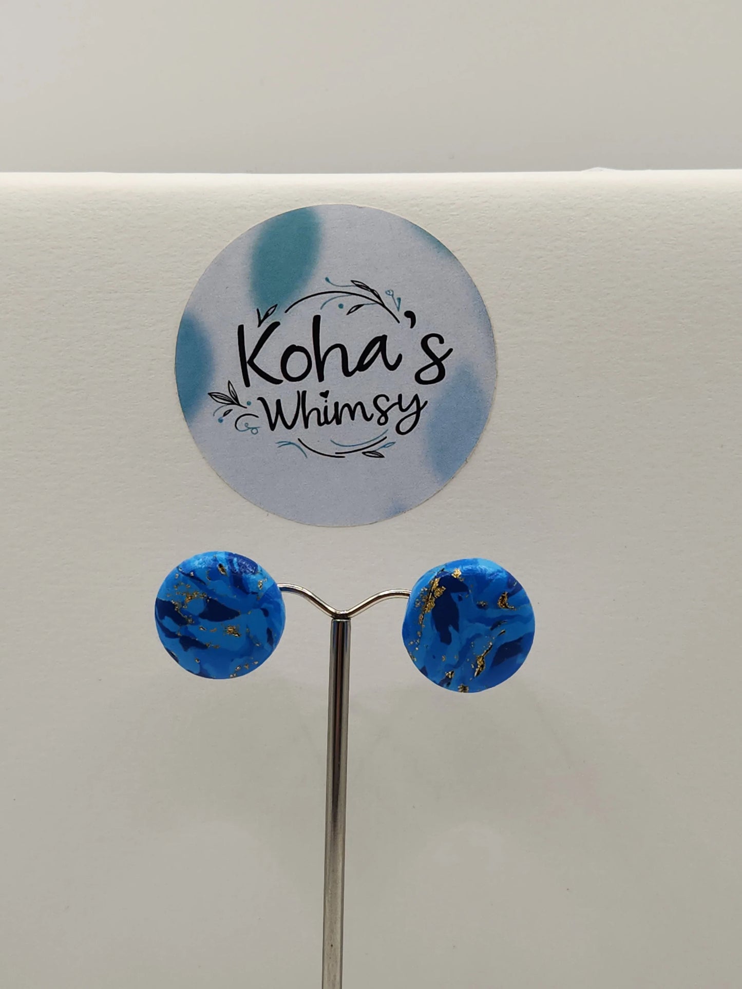 Handmade polymer clay Earrings - Blue & Gold Small Circle Stud Earrings