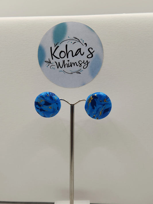 Handmade polymer clay Earrings - Blue & Gold Small Circle Stud Earrings