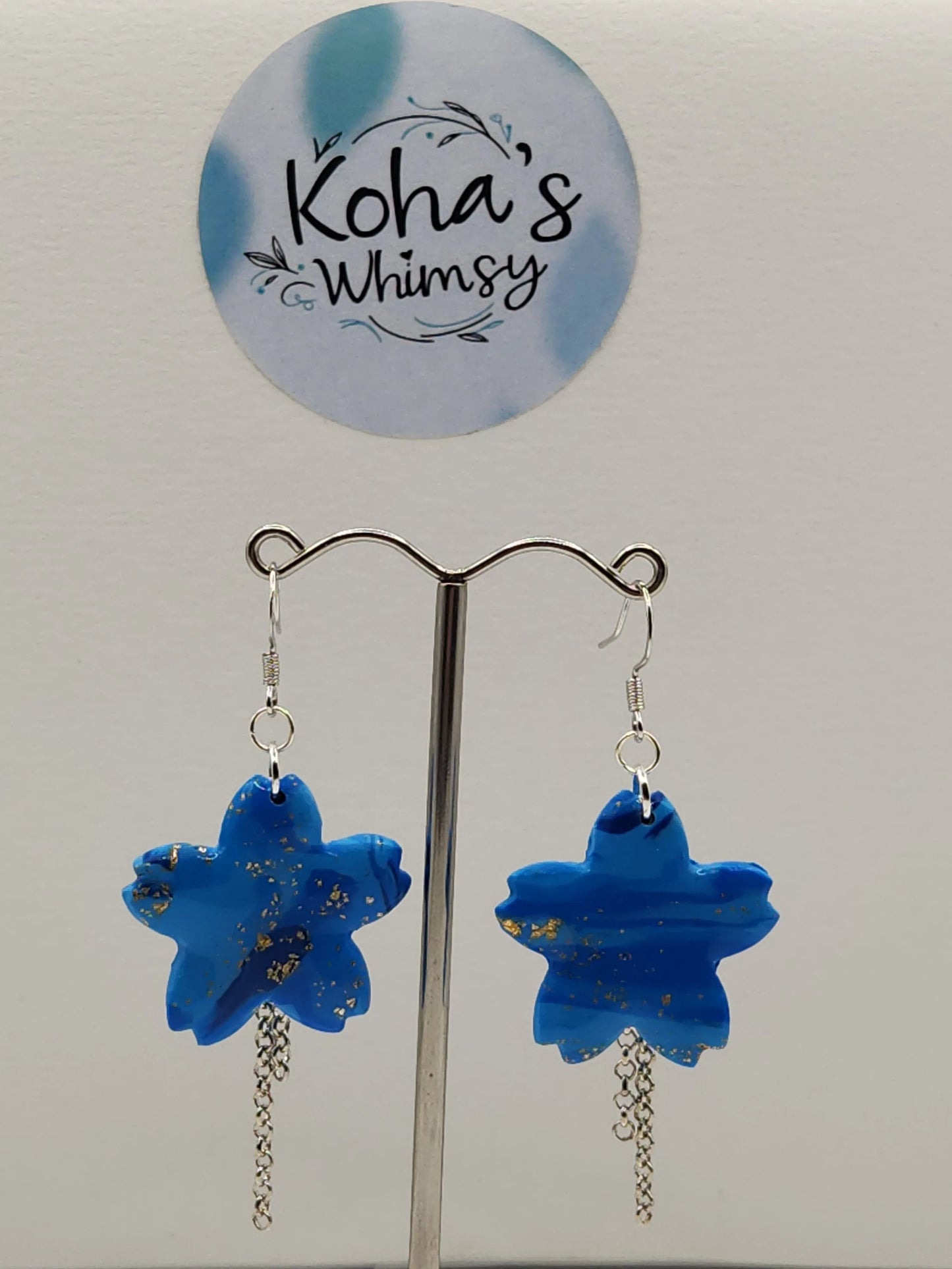 Handmade polymer clay Earrings - Blue & Gold Cherry Blossom Dangle Earrings