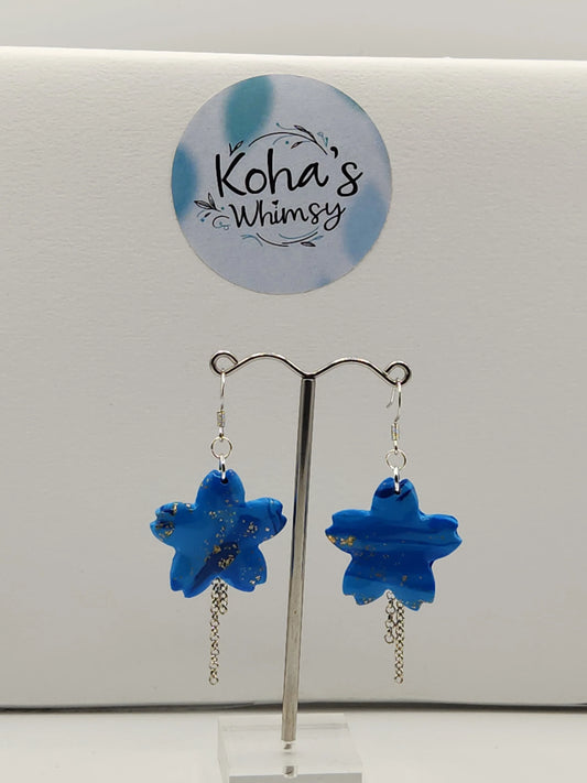 Handmade polymer clay Earrings - Blue & Gold Cherry Blossom Dangle Earrings