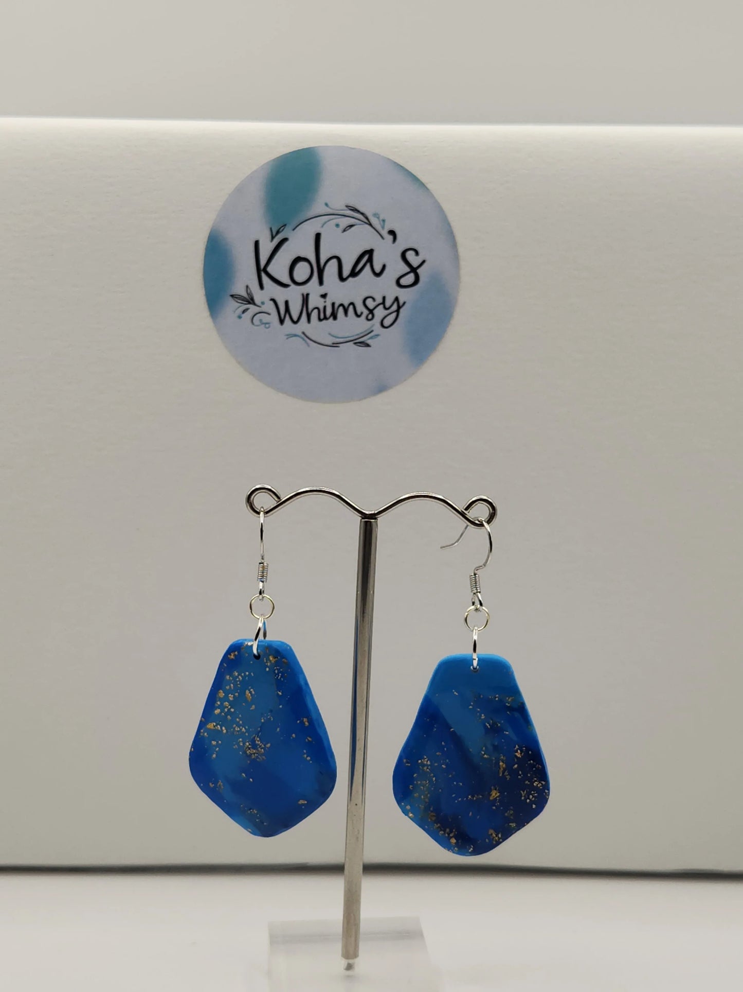 Handmade polymer clay Earrings - Blue & Gold Large Drop Dangle Earrings