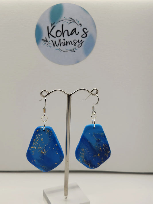 Handmade polymer clay Earrings - Blue & Gold Large Drop Dangle Earrings