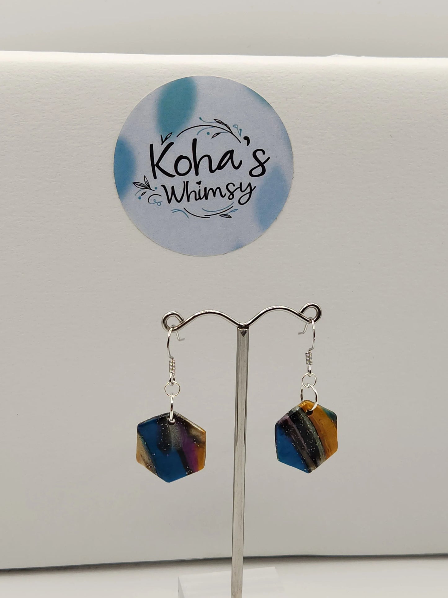 Handmade polymer clay Earrings - Dark Marble Small Hexagon Dangle Earrings