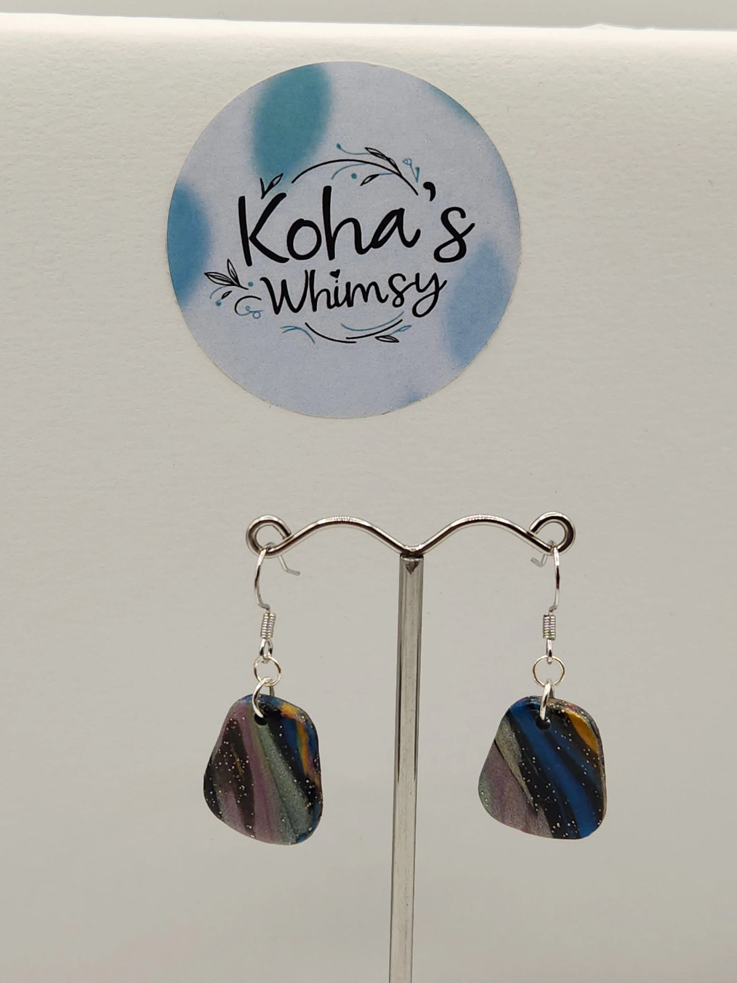 Handmade polymer clay Earrings - Dark Marble Small Quadrangle Dangle Earrings