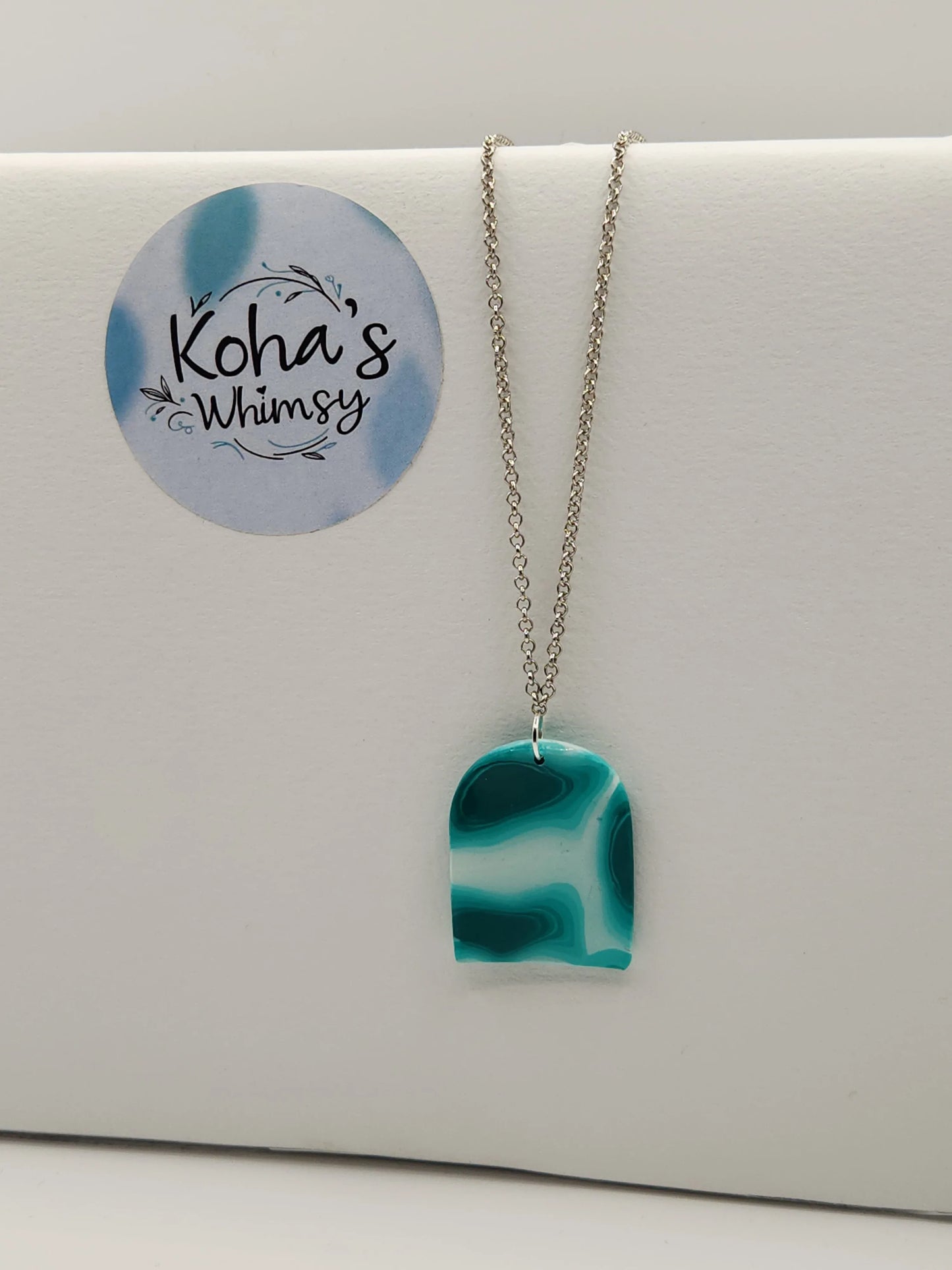 Handmade polymer clay Necklace - Teal Turtle-shell Large Arch Pendant Necklace