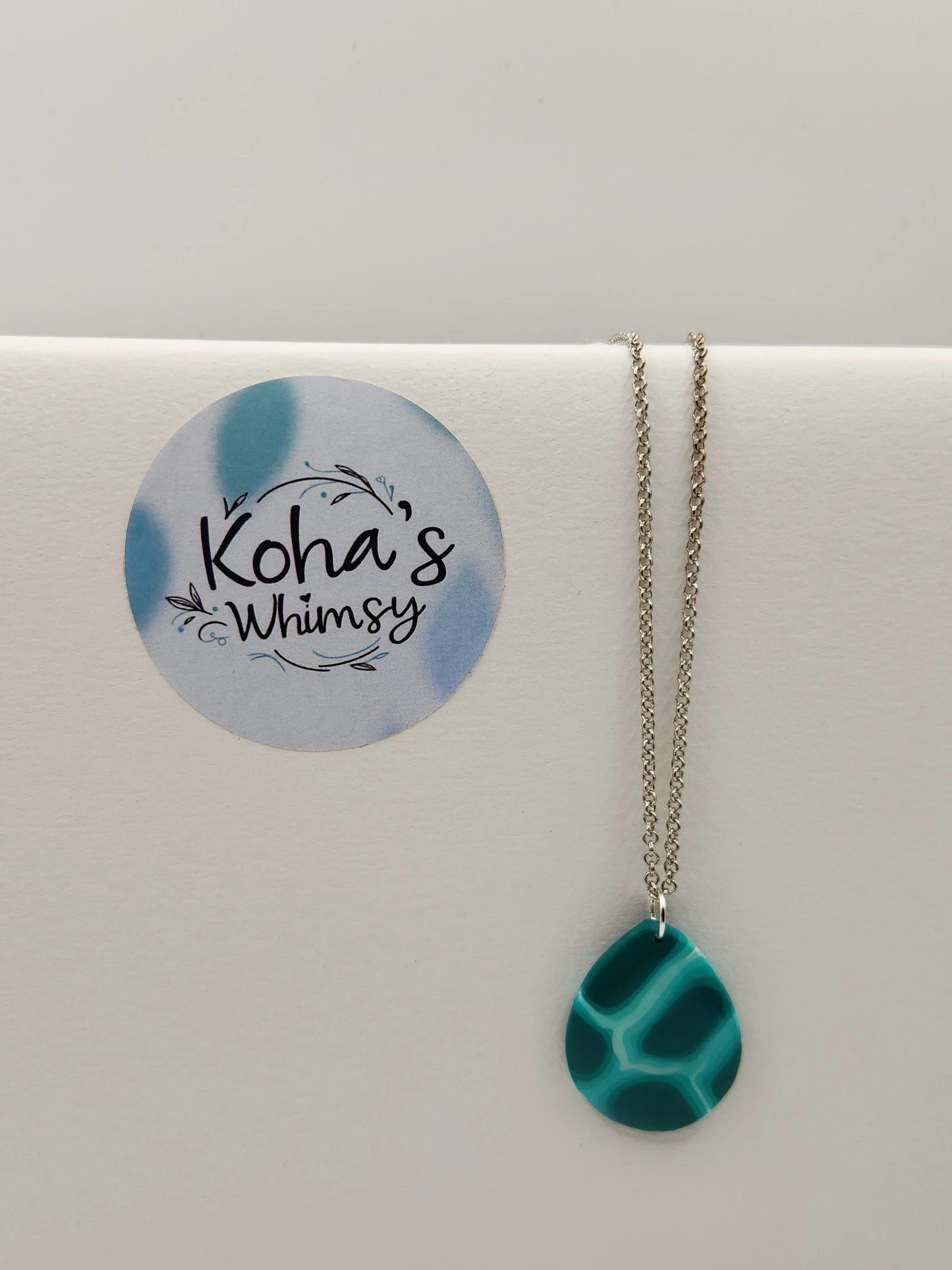 Handmade polymer clay Necklace - Teal Turtle-shell Teardrop Pendant Necklace