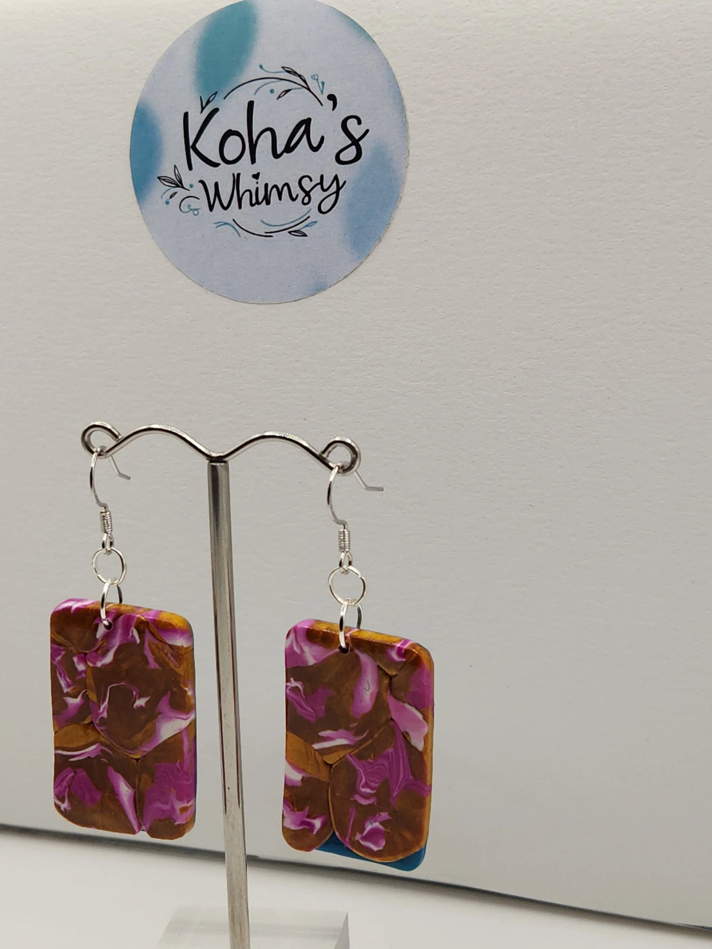 Handmade polymer clay Earrings - Golden Fuchsia Large Rectangle Dangle Earrings