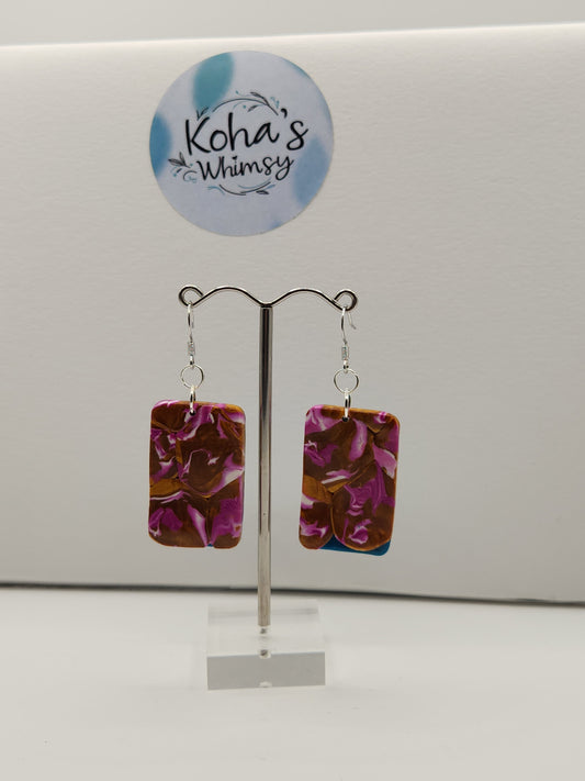 Golden Fuchsia Large Rectangle Dangle Earrings