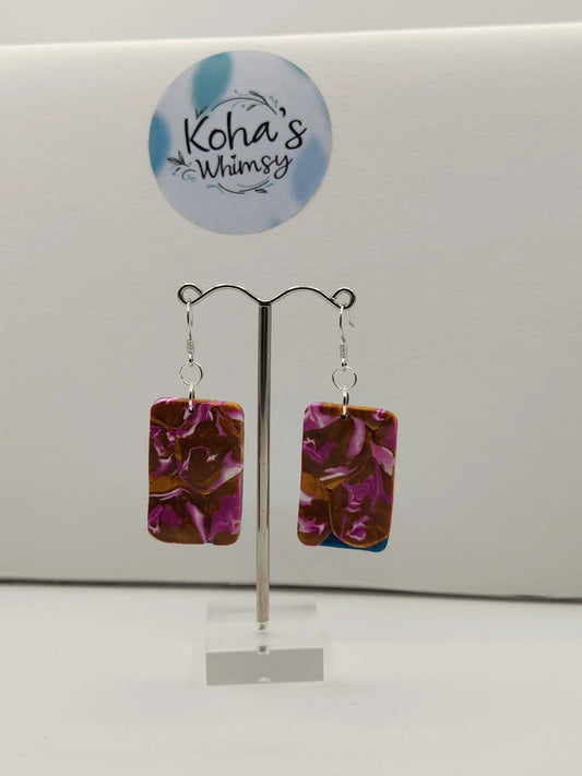 Handmade polymer clay Earrings - Golden Fuchsia Large Rectangle Dangle Earrings