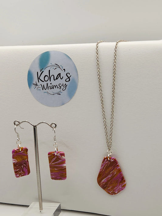 Handmade polymer clay Jewellery Set - Golden Fuchsia Jewellery Set