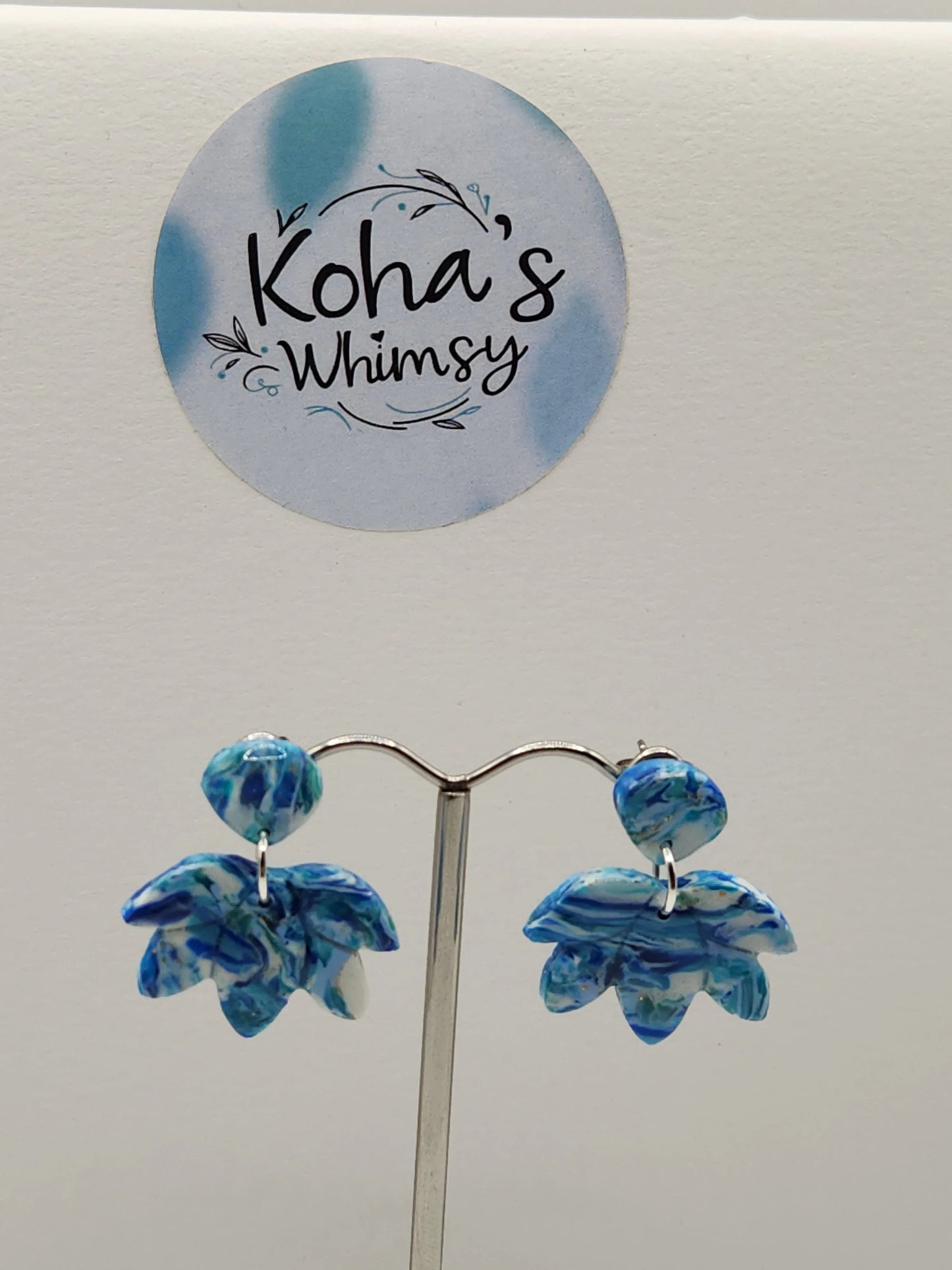 Handmade polymer clay Earrings - Cerulean Swirl Small Lotus Blossom Stud Earrings