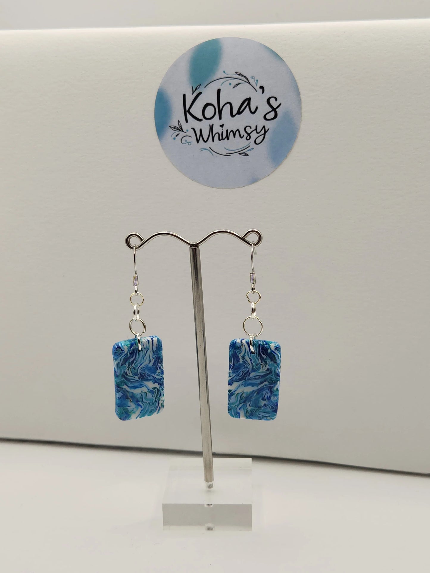 Handmade polymer clay Earrings - Cerulean Swirl Small Rectangle Dangle Earrings