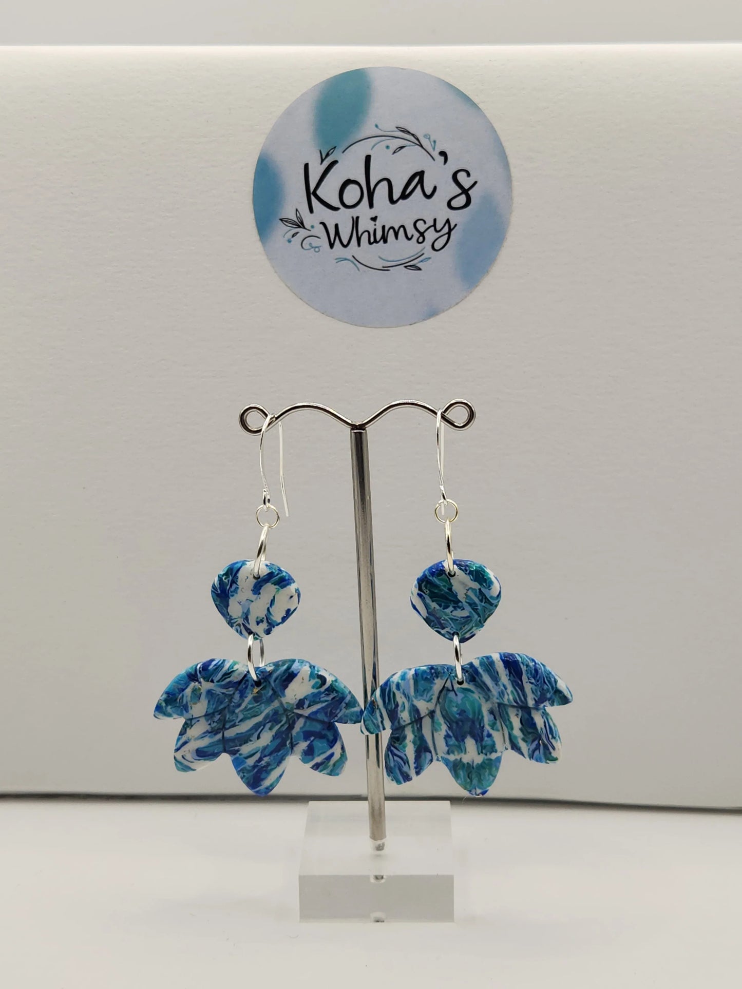 Handmade polymer clay Earrings - Cerulean Swirl Large Lotus Blossom Dangle Earrings
