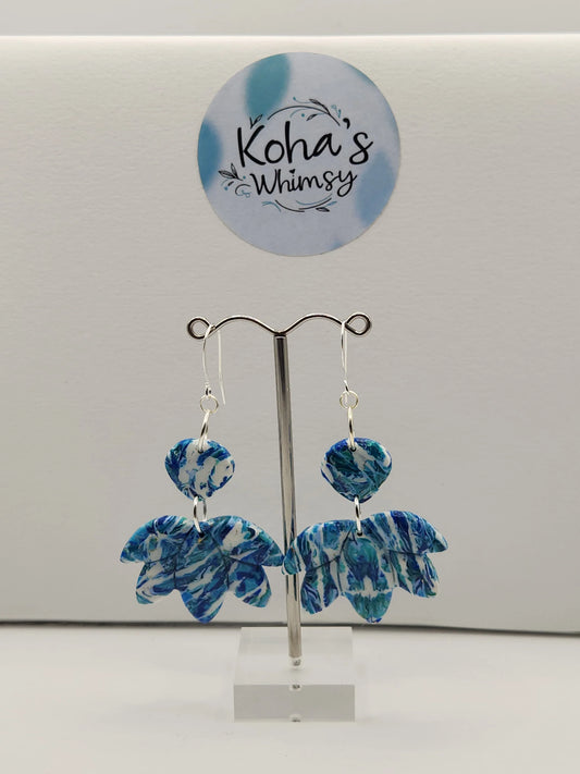 Handmade polymer clay Earrings - Cerulean Swirl Large Lotus Blossom Dangle Earrings