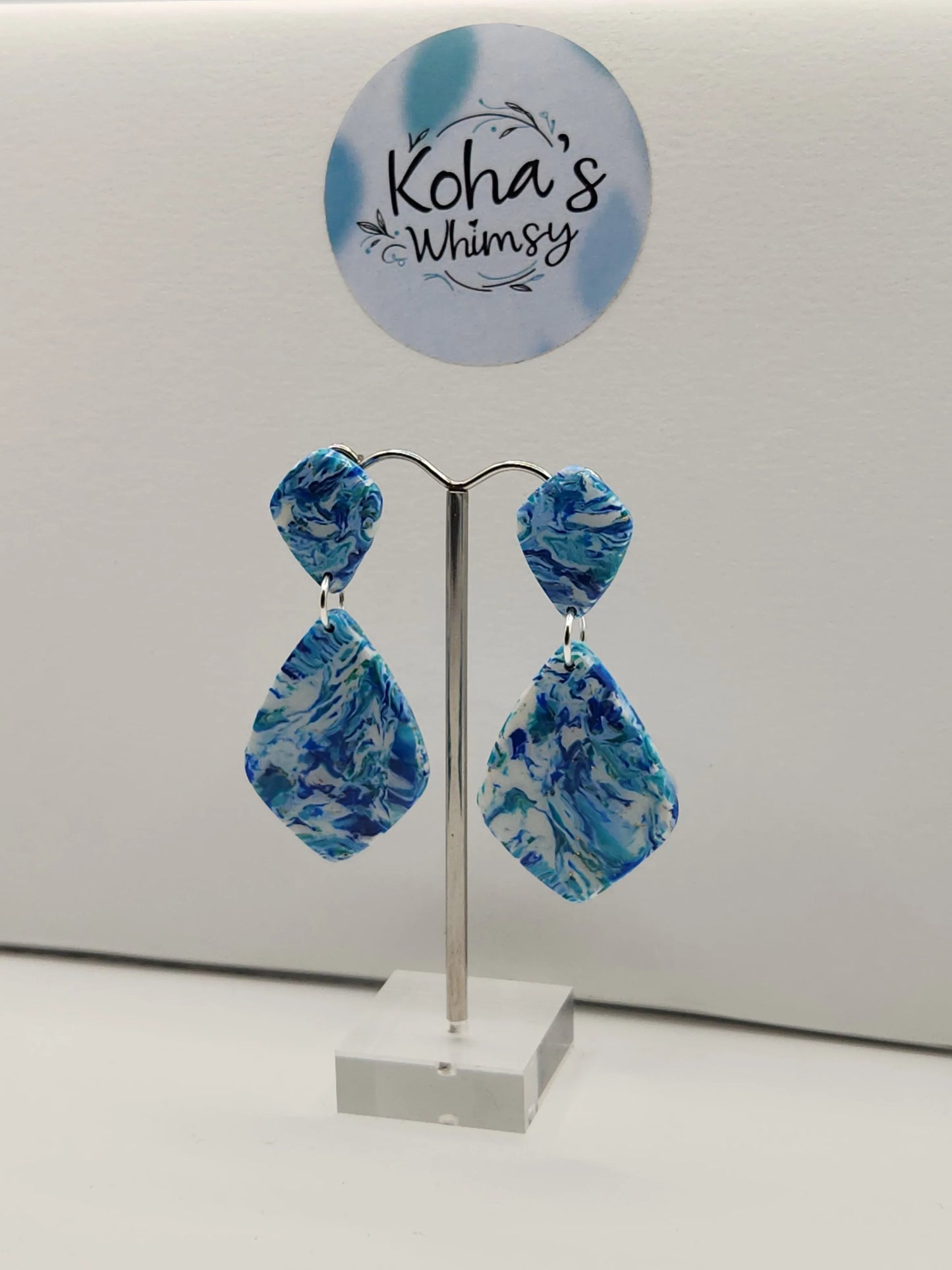 Handmade polymer clay Earrings - Cerulean Swirl Large Drop Diamond Stud Earrings