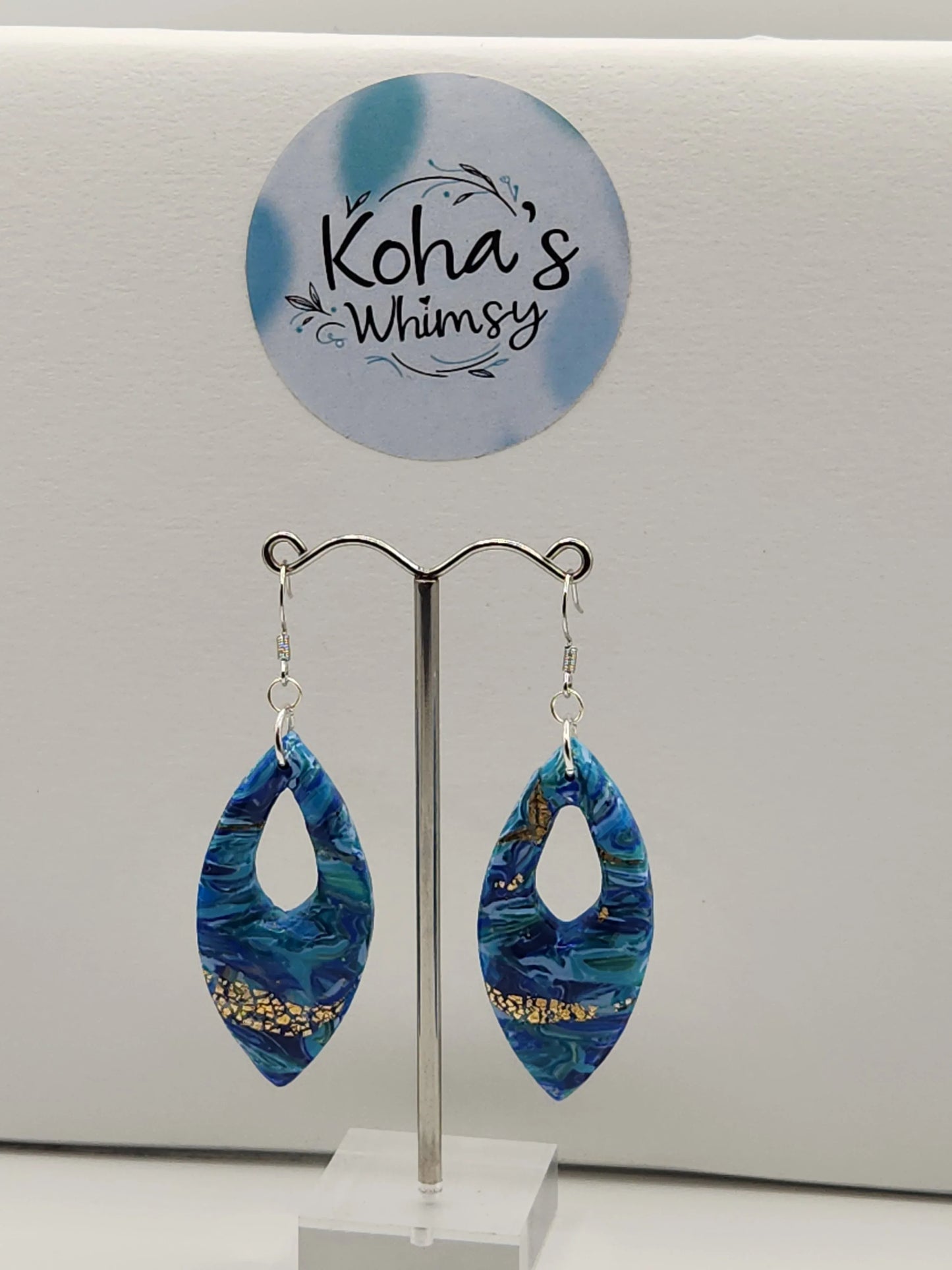 Handmade polymer clay Earrings - Sea Dreams Large Pointed Ellipse Dangle Earrings