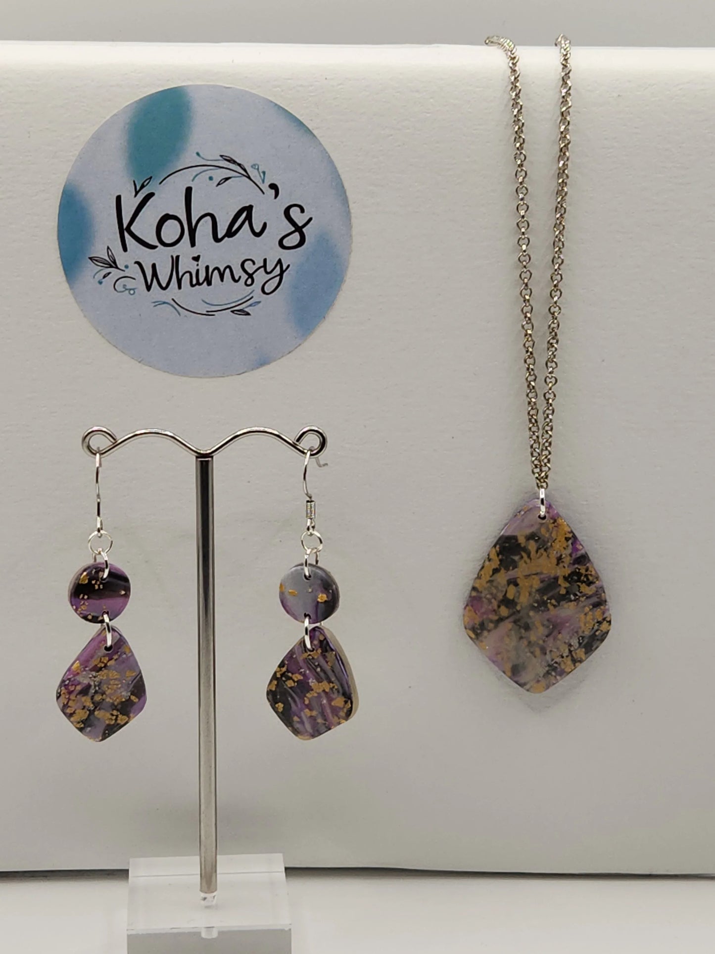 Handmade polymer clay Jewellery Set - Indigo Shimmer Jewellery Set - Diamond Earrings & Diamond Pendant