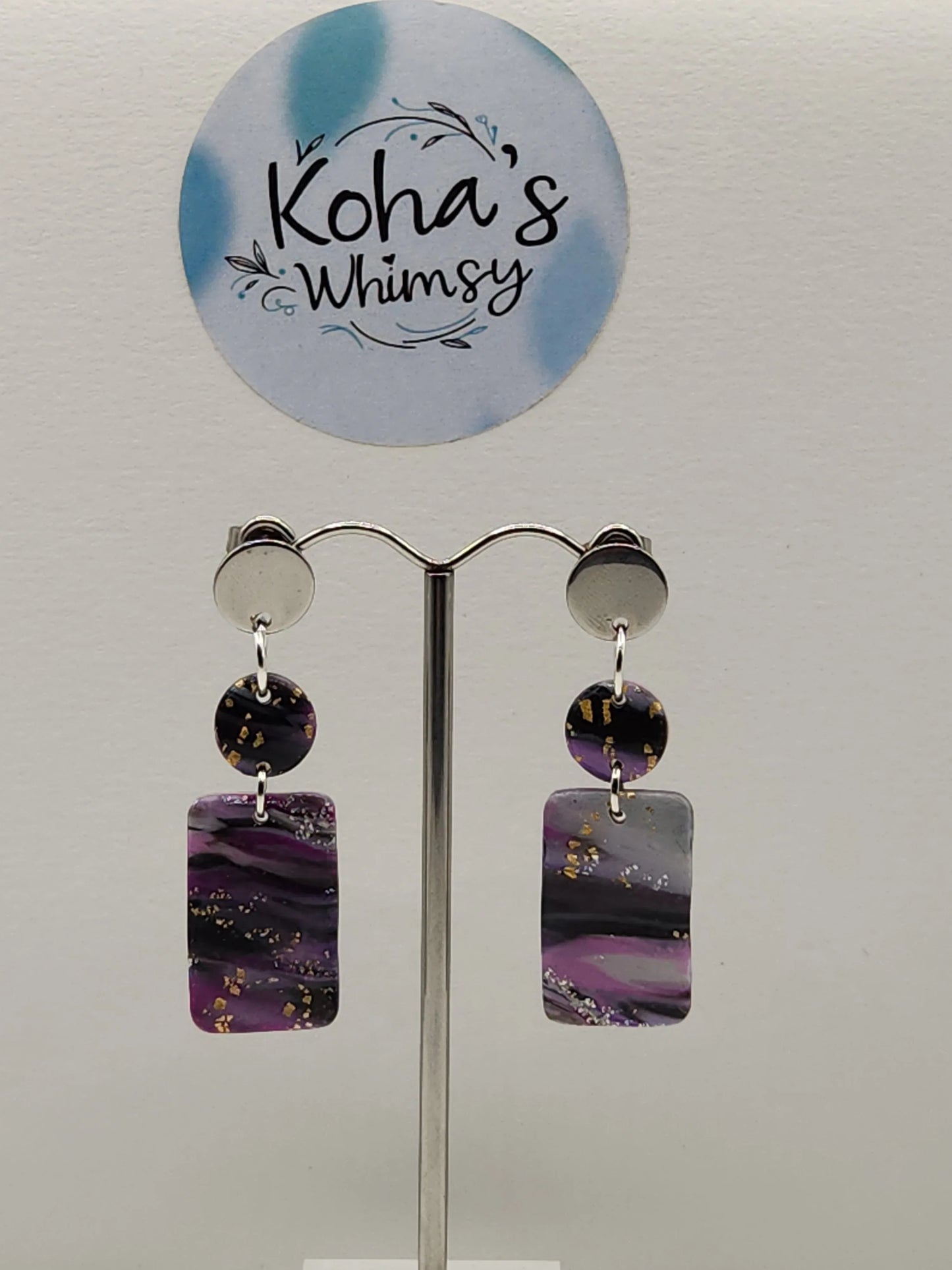 Handmade polymer clay Earrings - Indigo Shimmer Small Rectangle Dangle Stud Earrings