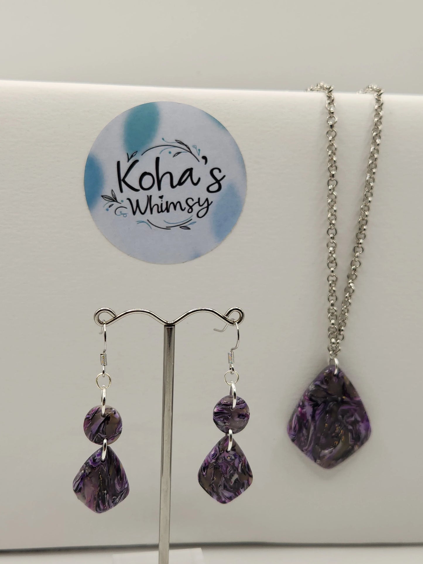 Handmade polymer clay Jewellery Set - Indigo Shimmer Jewellery Set - Diamond Earrings & Large Diamond Pendant
