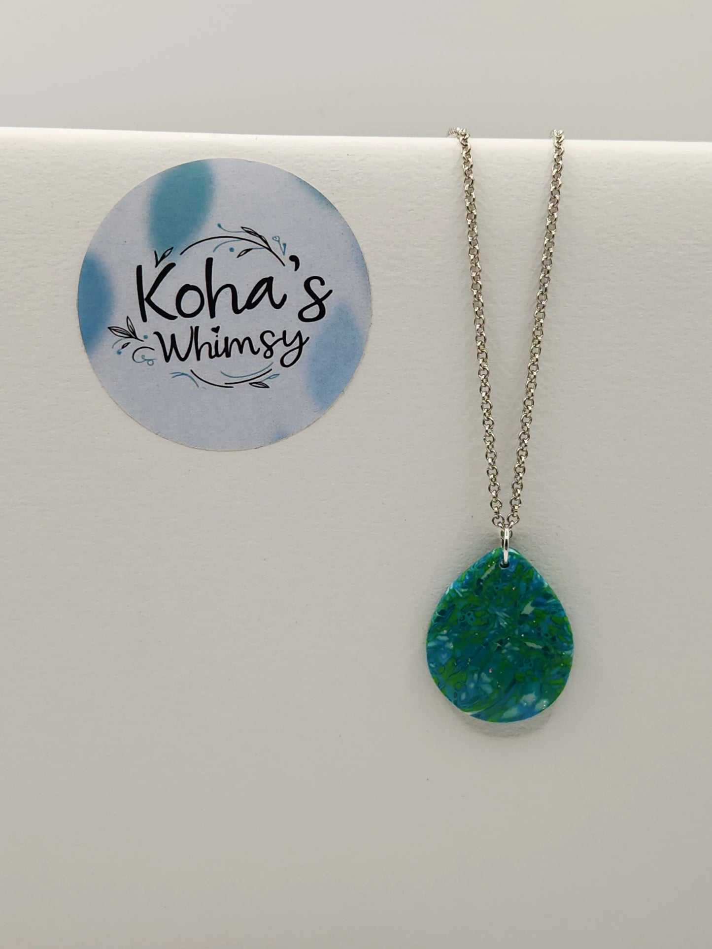 Handmade polymer clay Necklace - Shades of Green Large Teardrop Necklace