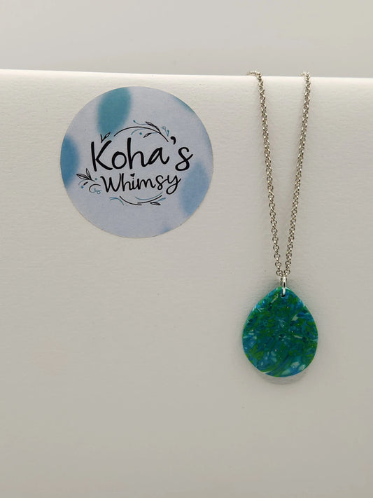 Handmade polymer clay Necklace - Shades of Green Large Teardrop Necklace