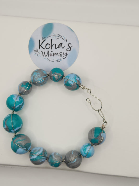 Teal & Silver Wire Wrapped Bead Bangle