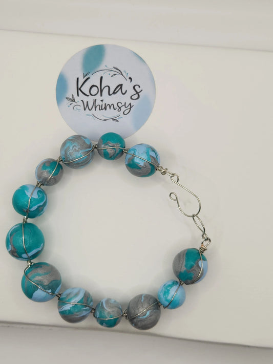 Handmade polymer clay - Teal & Silver Wire Wrapped Bead Bangle