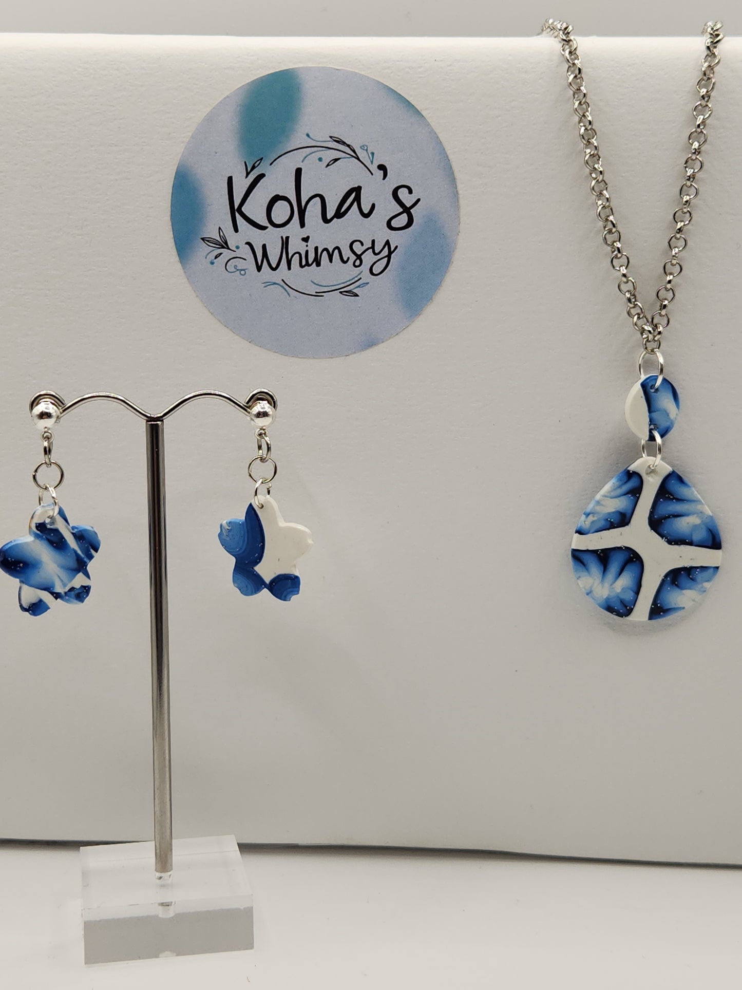 Galactic dreams jewellery set displayed showing cosmic blue gradient design with elegant teardrop pendant