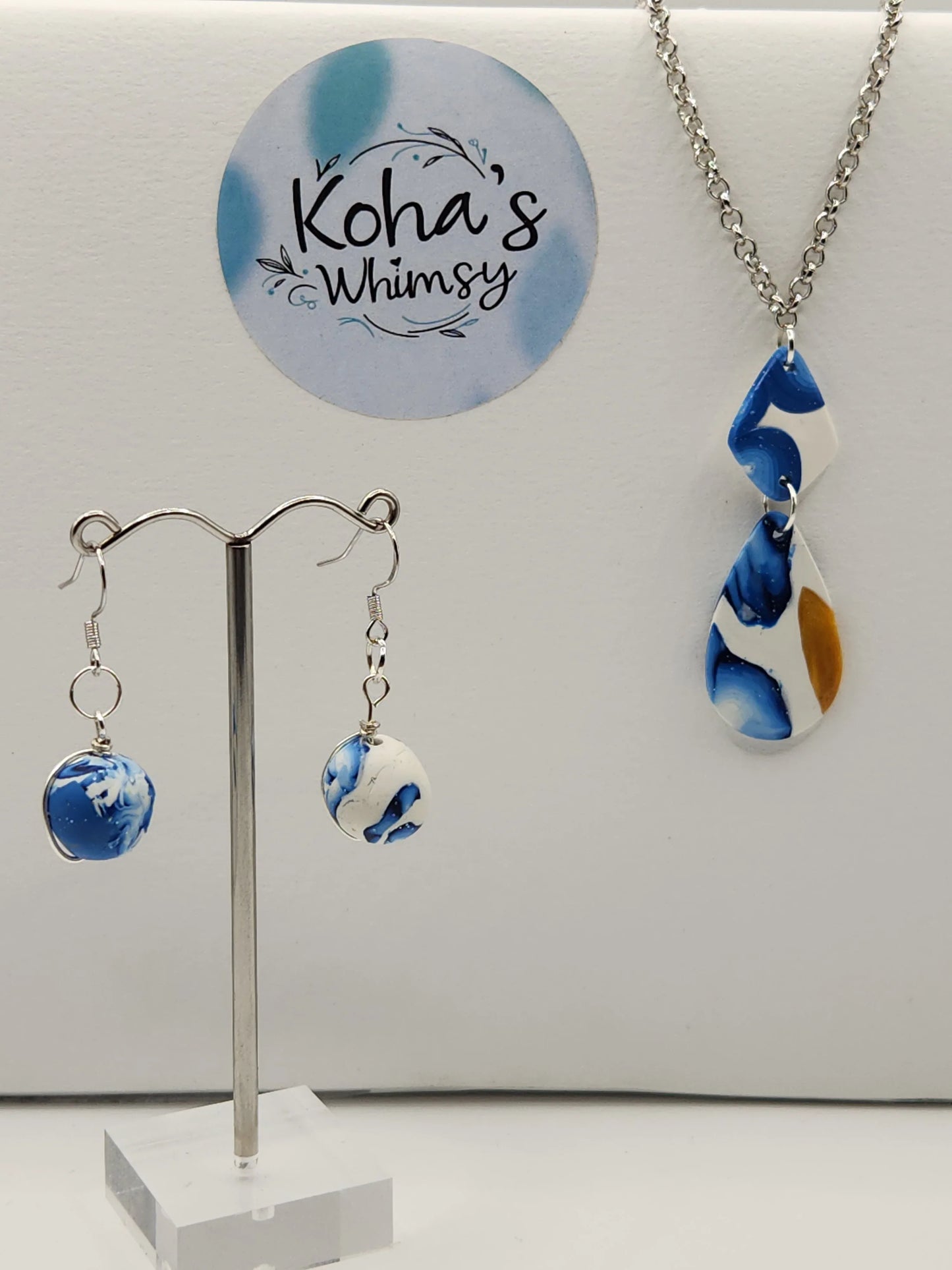 Handmade polymer clay Jewellery Set - Galactic Dreams Jewellery Set - Wire-Wrapped Beads & Elongated Pendant