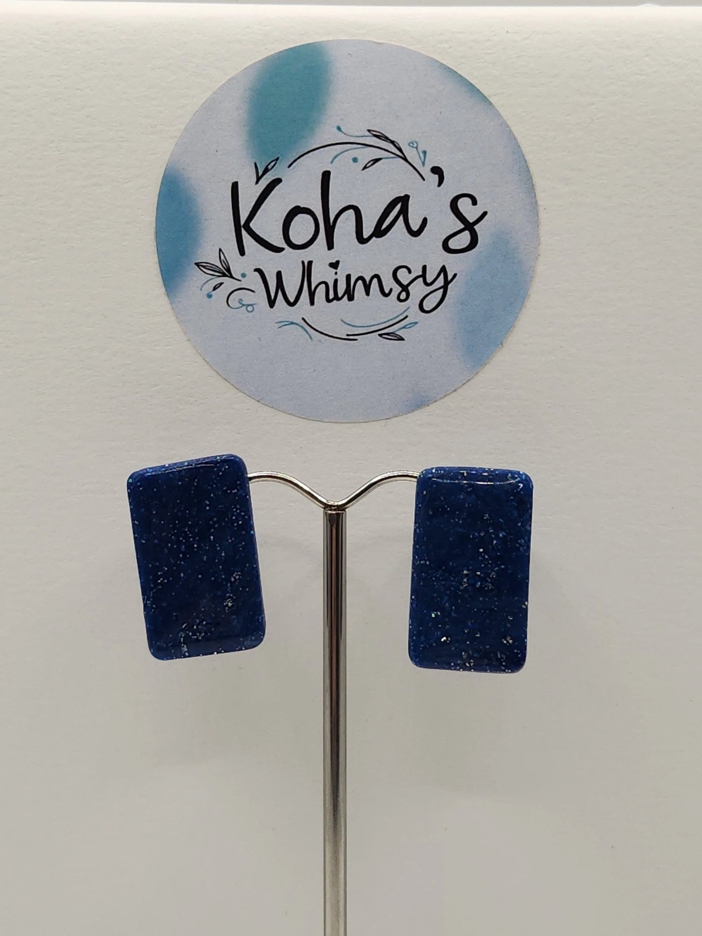 Handmade polymer clay Earrings - Navy Shimmer Small Rectangle Stud Earrings