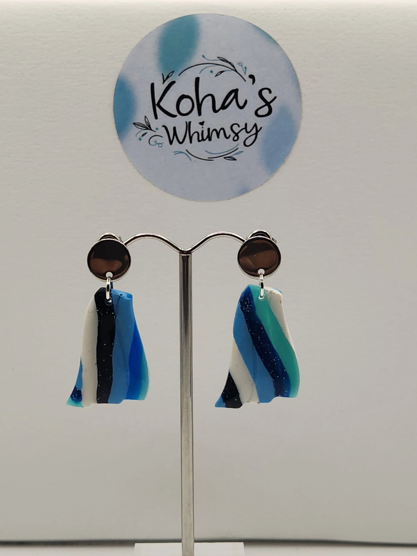 Handmade polymer clay Earrings - Stripes of Blue Wave Stud Earrings