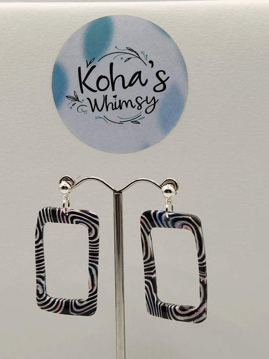 Handmade polymer clay Earrings - Pale Chaos Large Hollowed Rectangle Stud Earrings