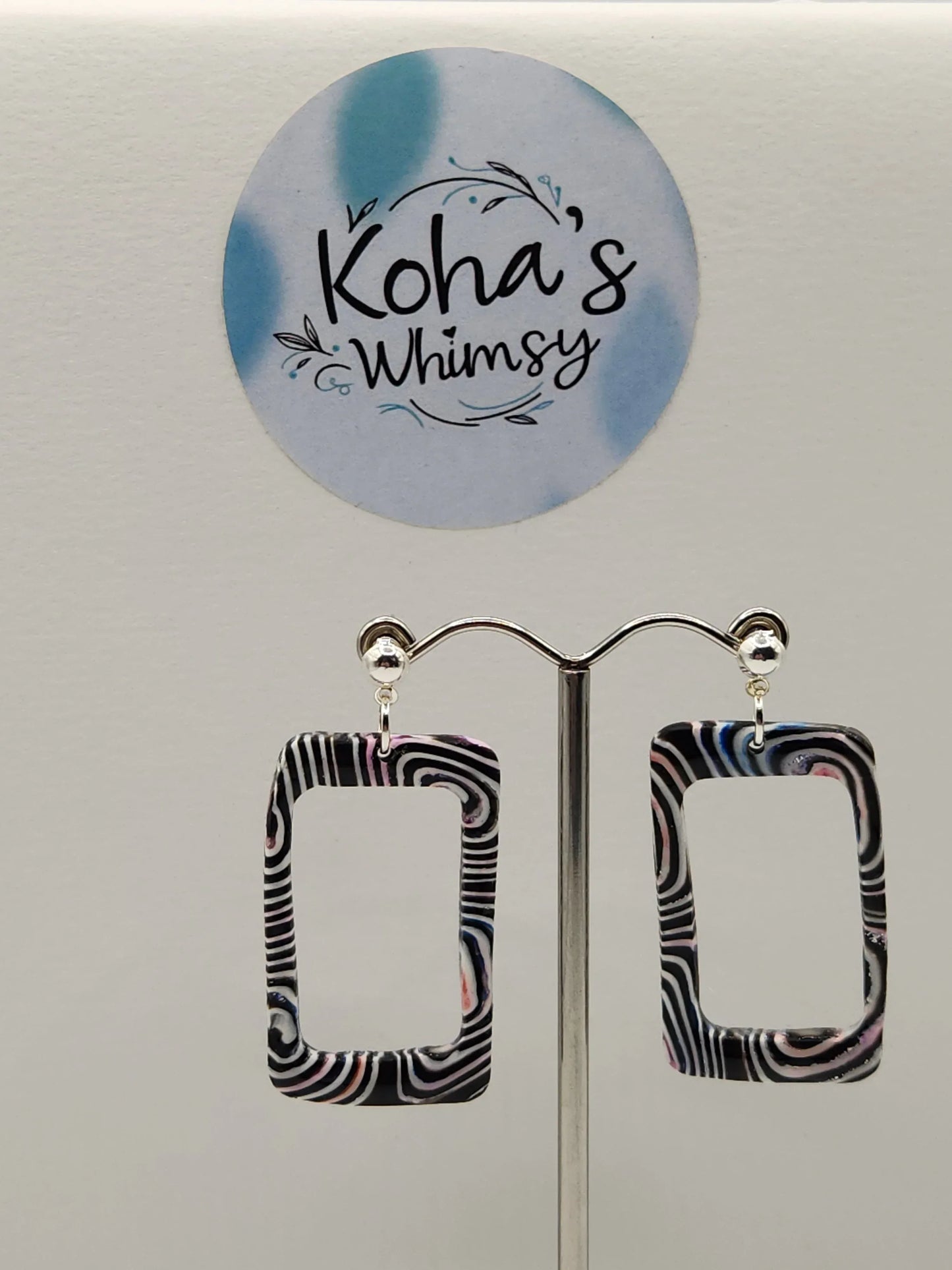 Handmade polymer clay Earrings - Pale Chaos Large Hollowed Rectangle Stud Earrings