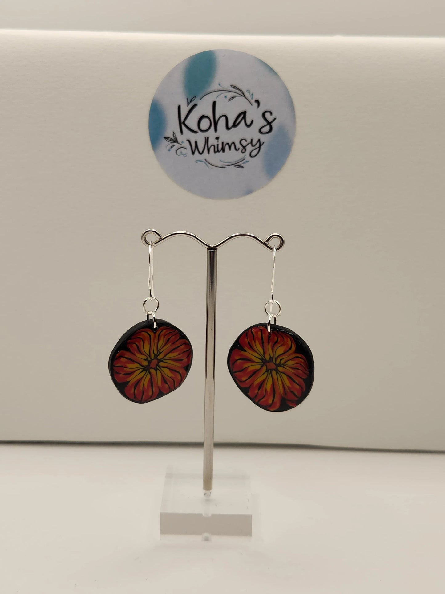 Handmade polymer clay Earrings - Flame Blossom Dangle Earrings