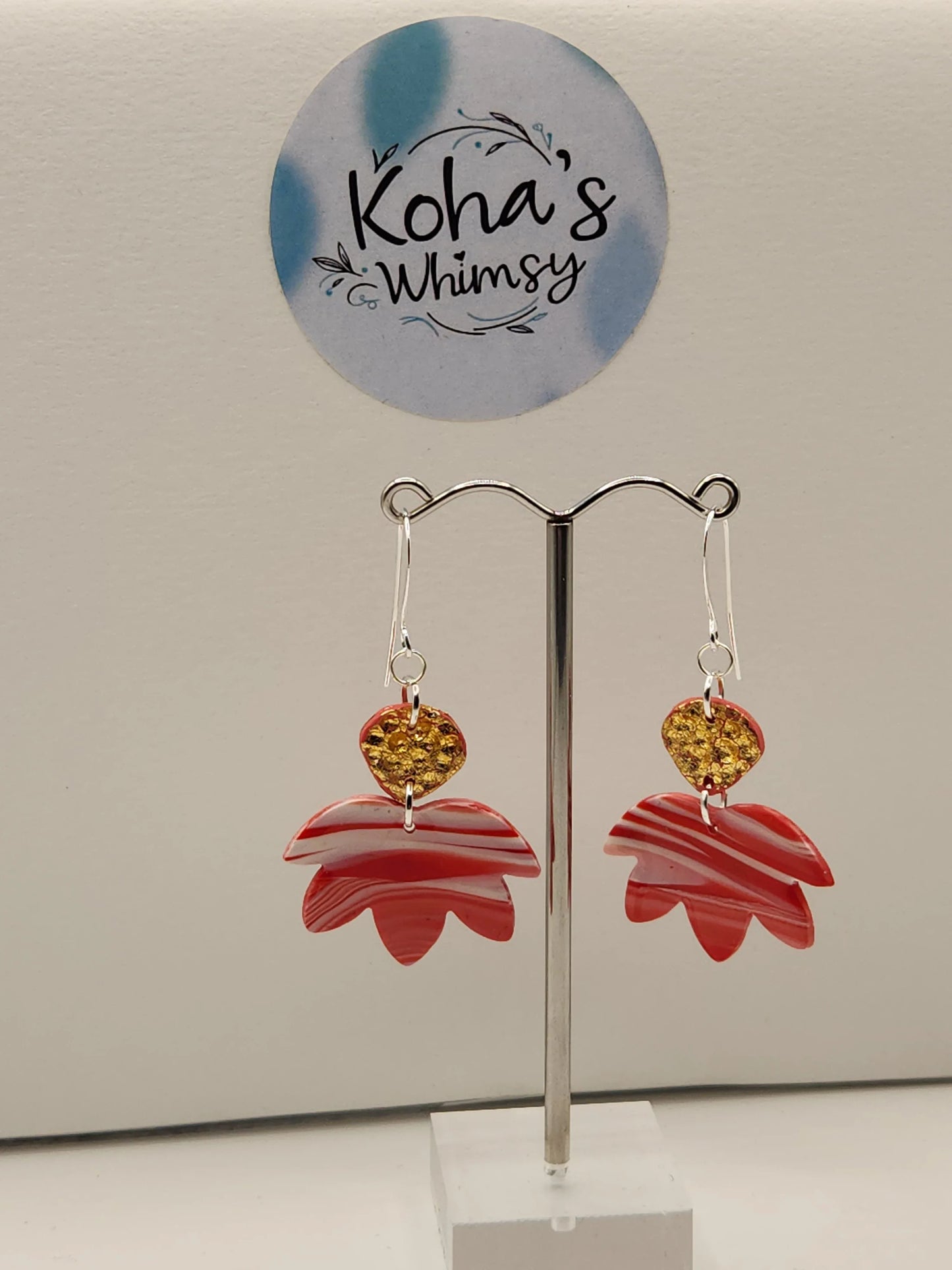 Handmade polymer clay Earrings - Raspberry & Cream Medium Lotus Bloom Dangle Earrings