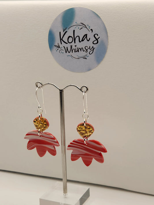 Handmade polymer clay Earrings - Raspberry & Cream Medium Lotus Bloom Dangle Earrings