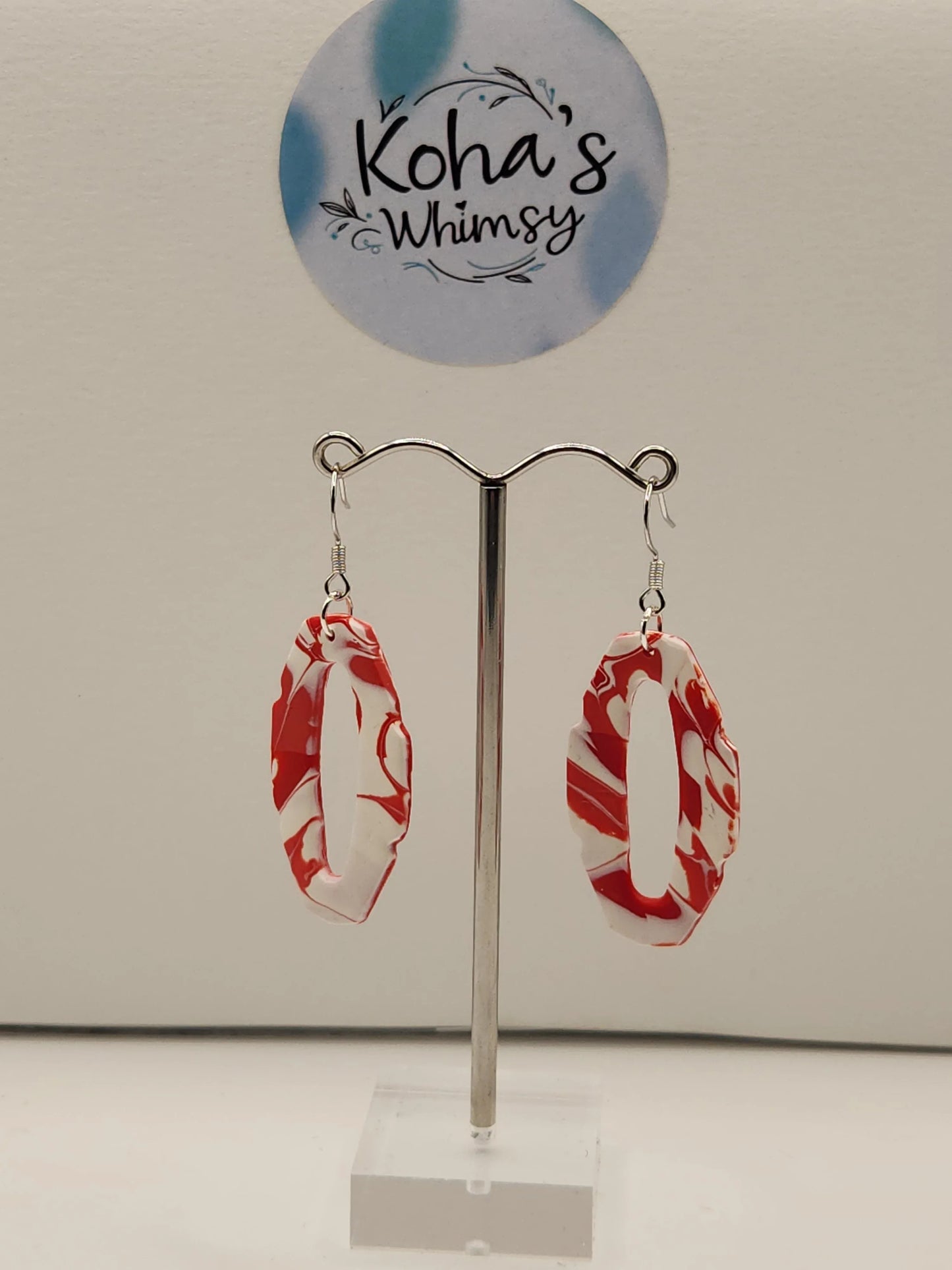 Handmade polymer clay Earrings - Raspberry & Cream Oval Hoopla Dangle Earrings