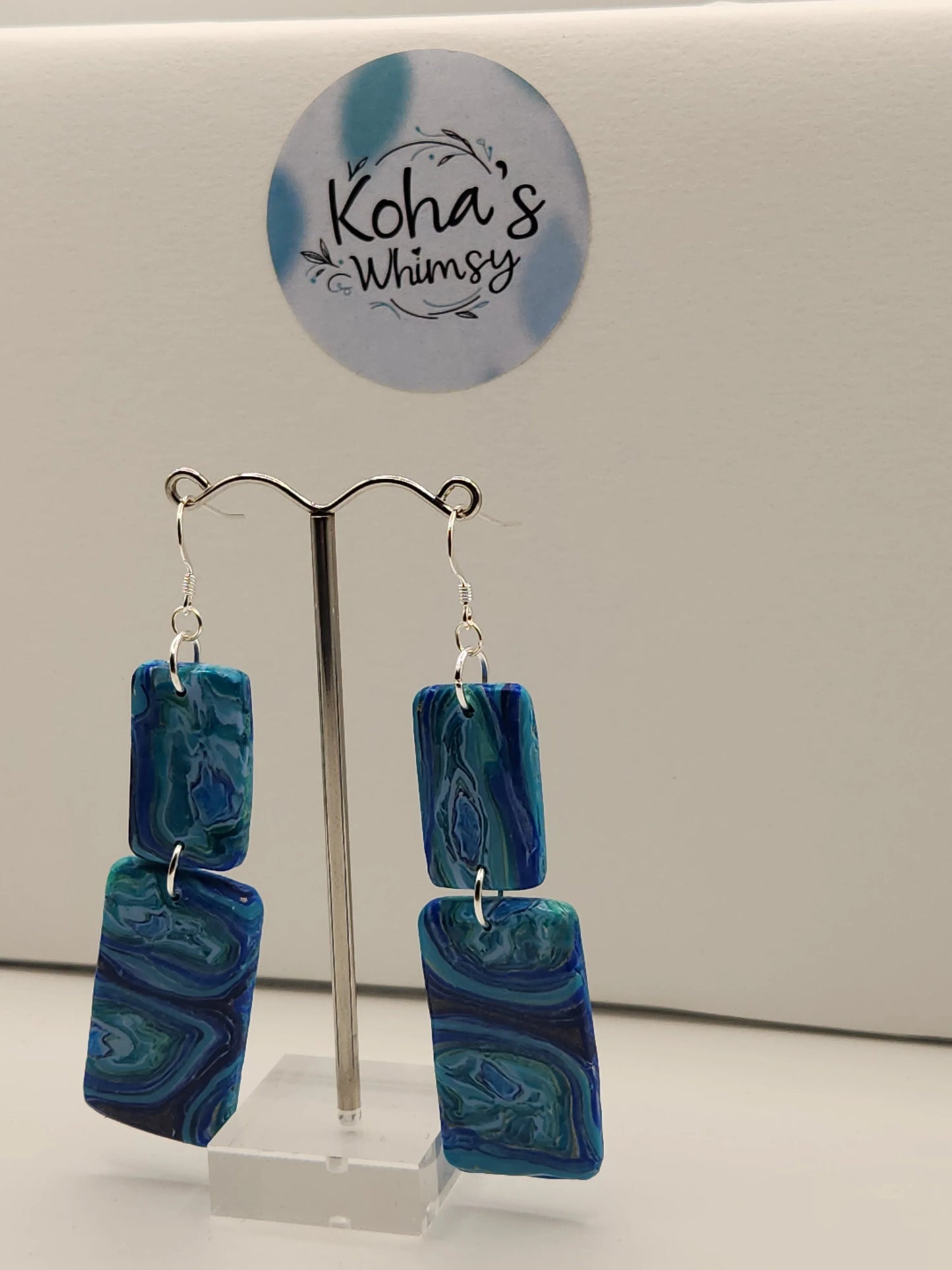 Handmade polymer clay - Blue Agate Rectangle Sterling Silver Dangle Earrings