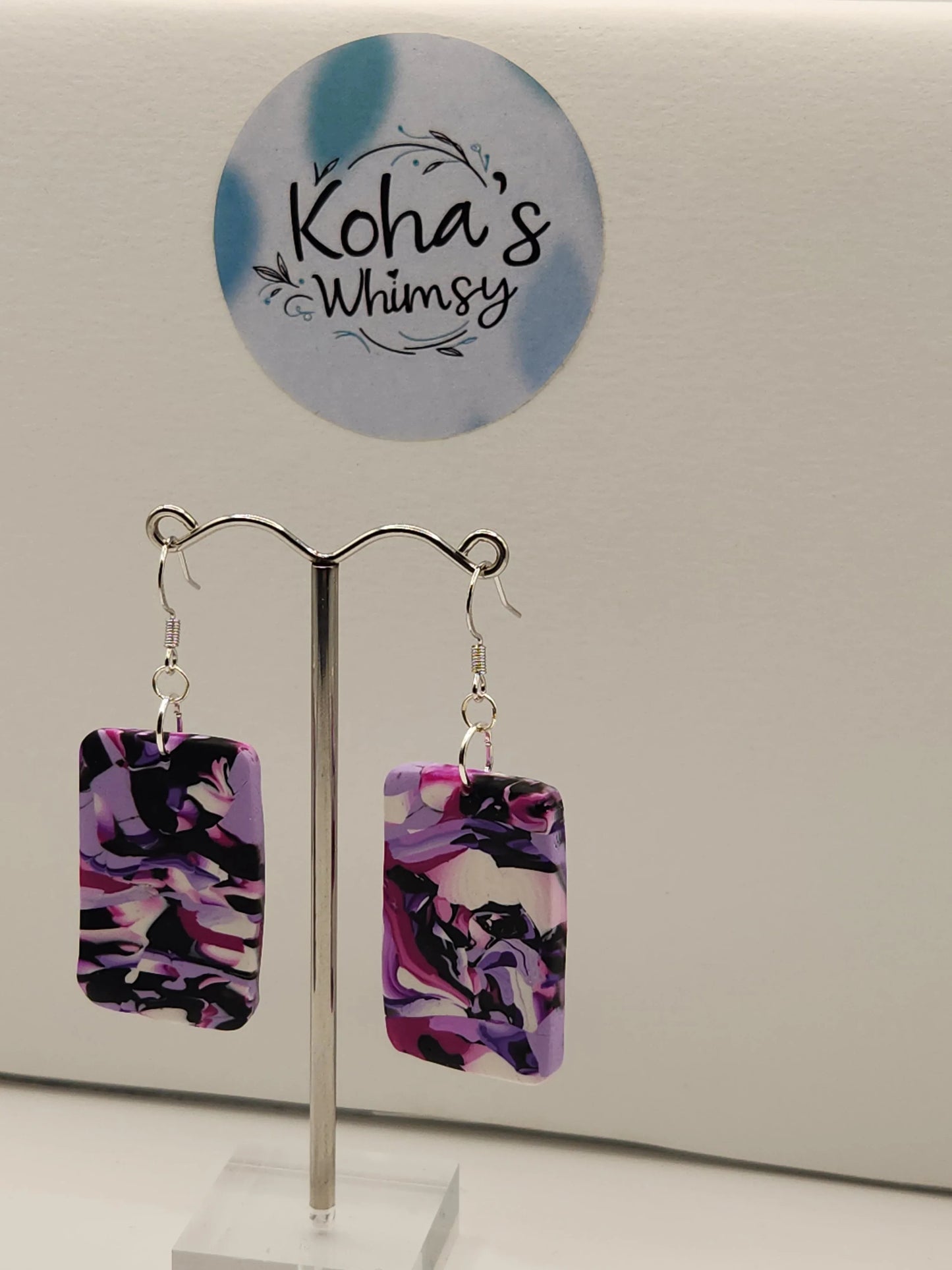 Handmade polymer clay - Violet Chaos Large Rectangle Dangle Earrings