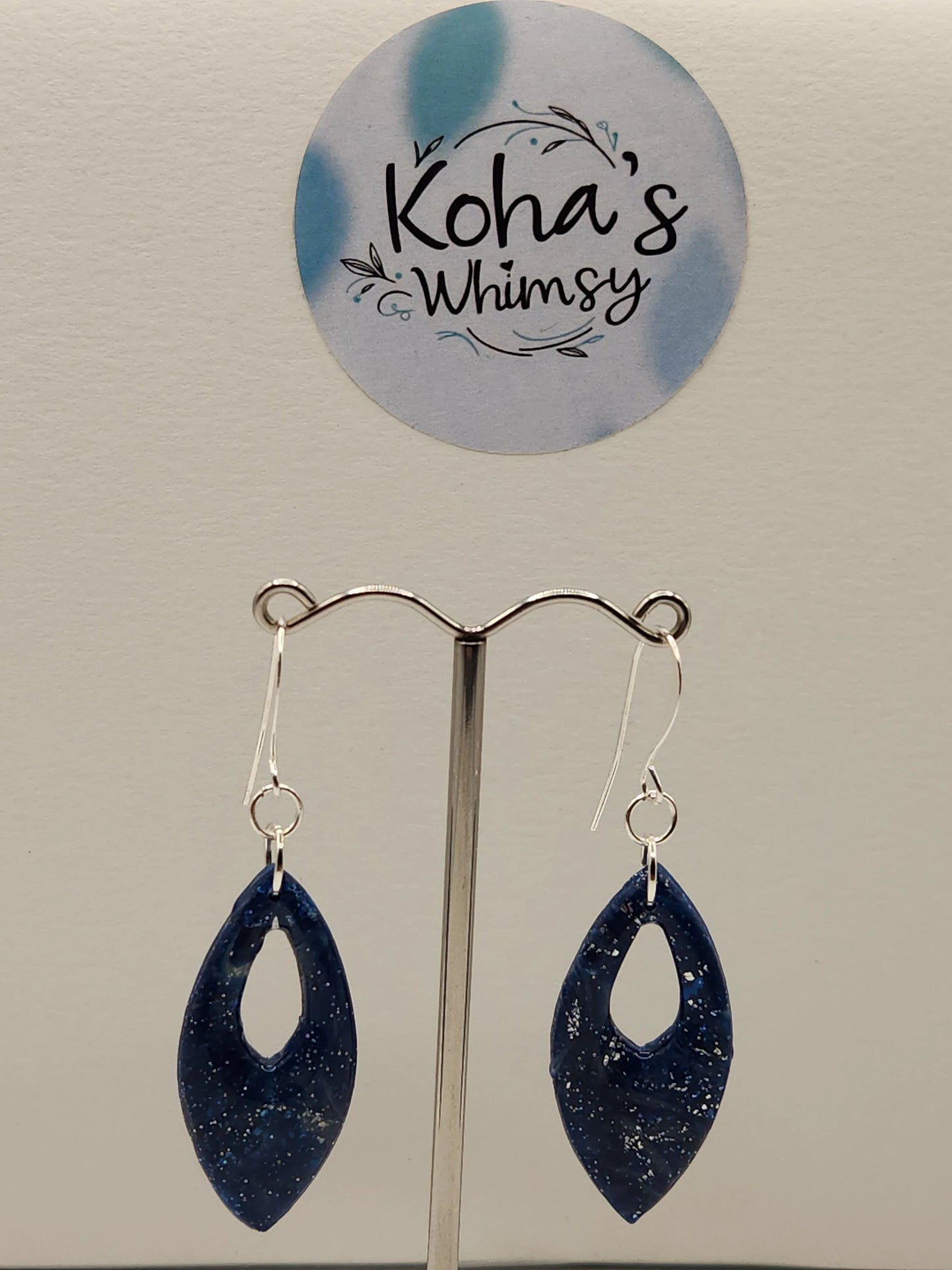 Handmade polymer clay Earrings - Starlight Shimmer Medium Pointed Ellipse Dangle Earrings