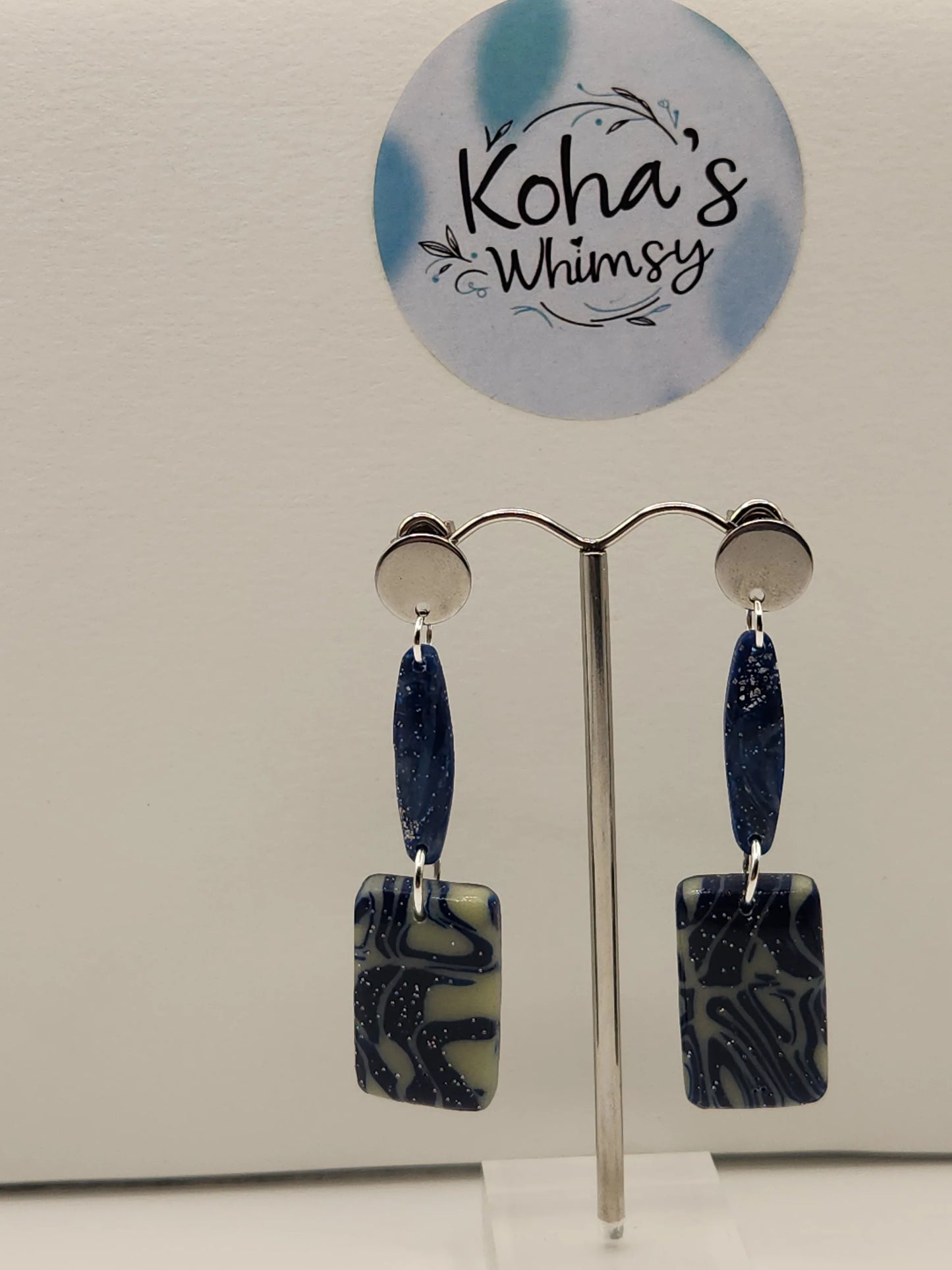 Handmade polymer clay Earrings - Starlight Shimmer Small Rectangle Dangle Stud Earrings