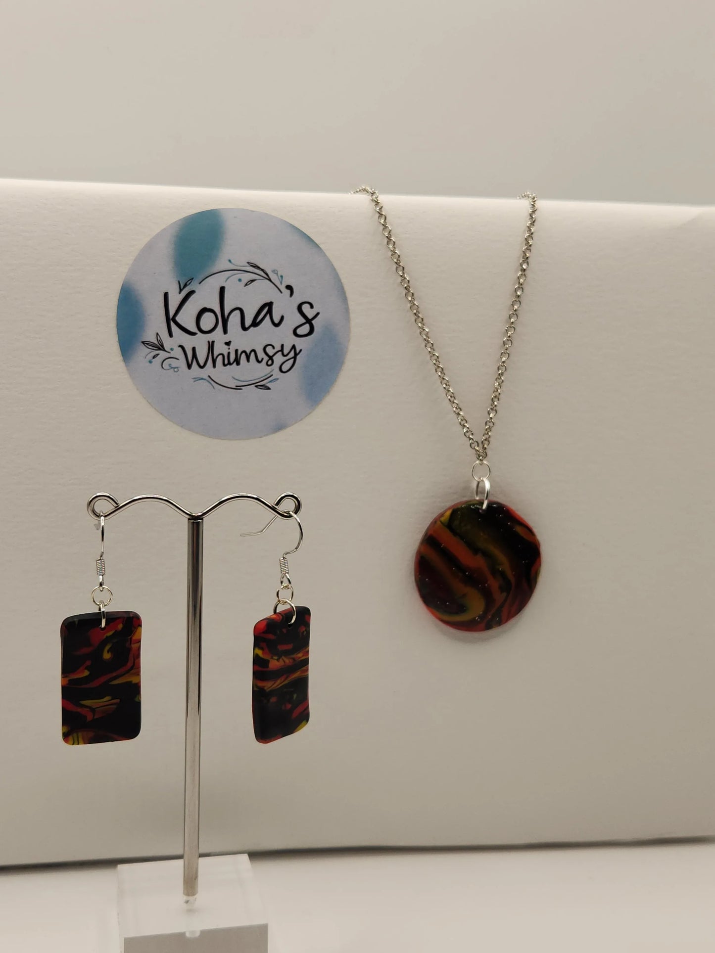 Handmade polymer clay Jewellery Set - Dreamtime Jewellery Set - Rectangle Earrings & Circle Pendant