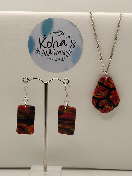 Handmade polymer clay Jewellery Set - Dreamtime Jewellery Set - Rectangle Earrings & Drop Pendant