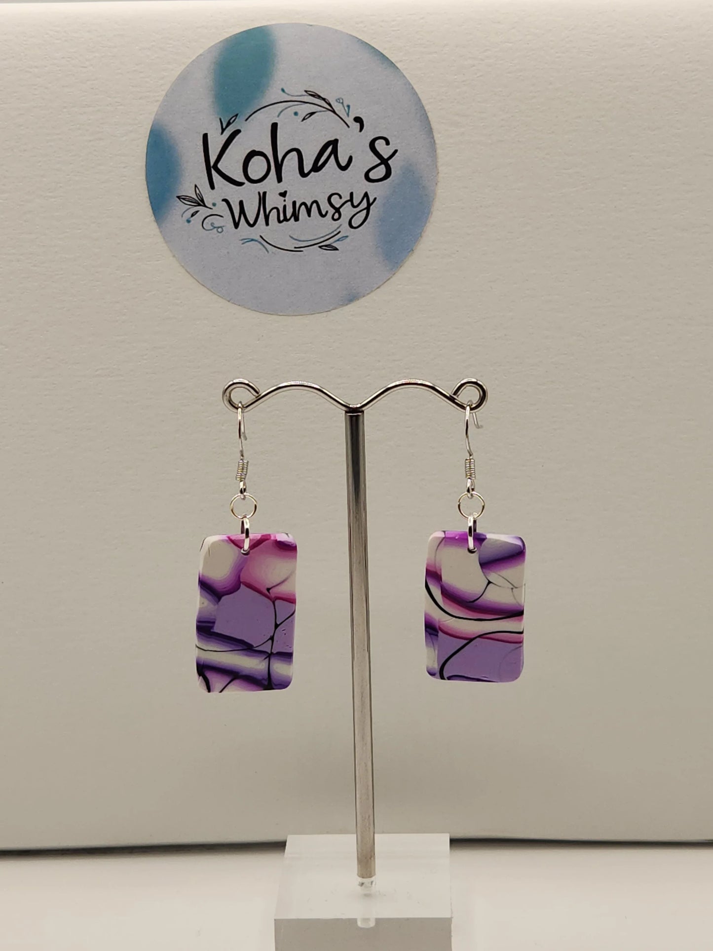 Handmade polymer clay Earrings - Violet Kaleidoscope Small Rectangle Dangle Earrings