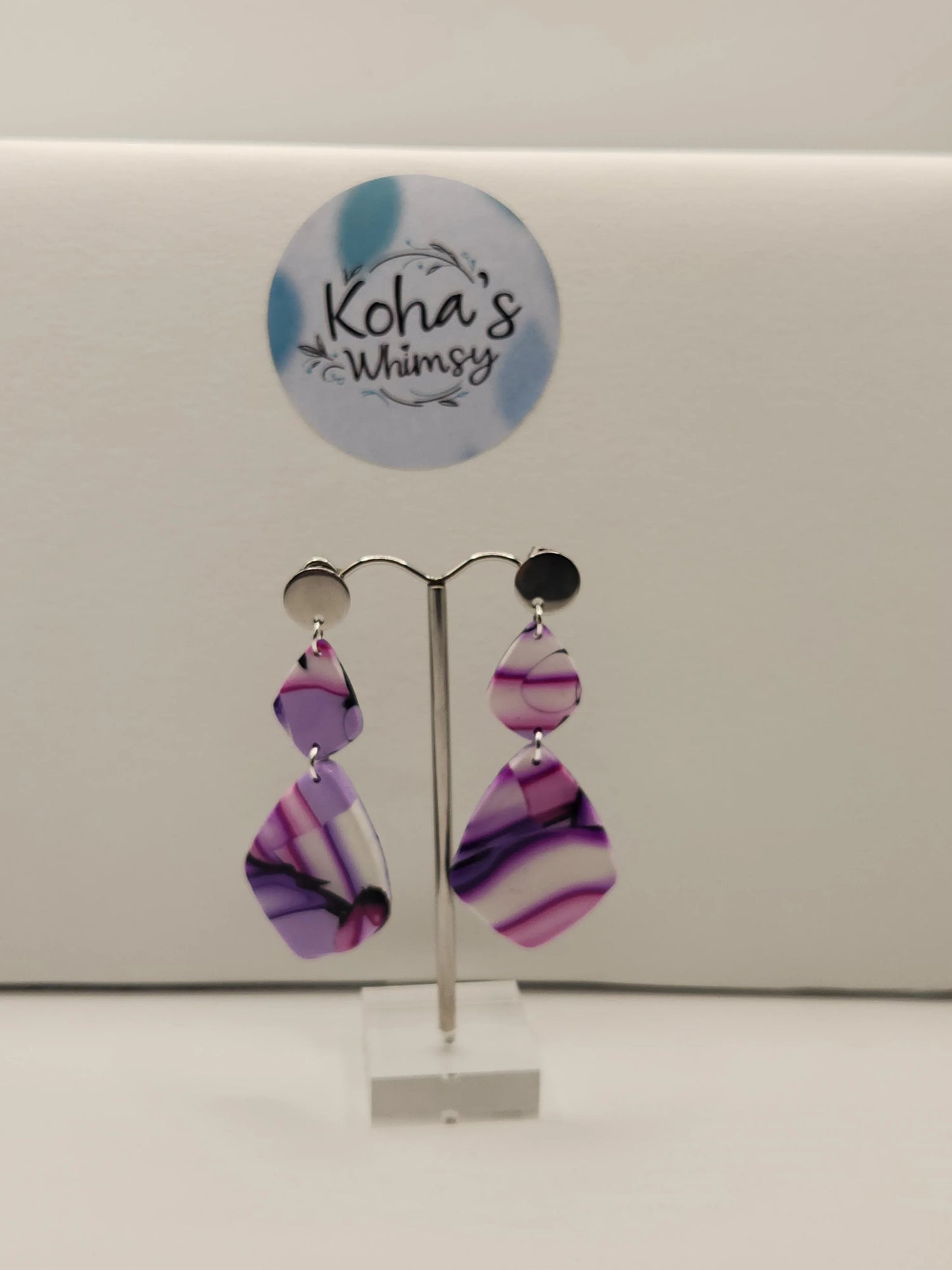 Handmade polymer clay Earrings - Violet Kaleidoscope Drop Diamond Dangle Stud Earrings