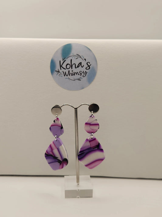 Handmade polymer clay Earrings - Violet Kaleidoscope Drop Diamond Dangle Stud Earrings