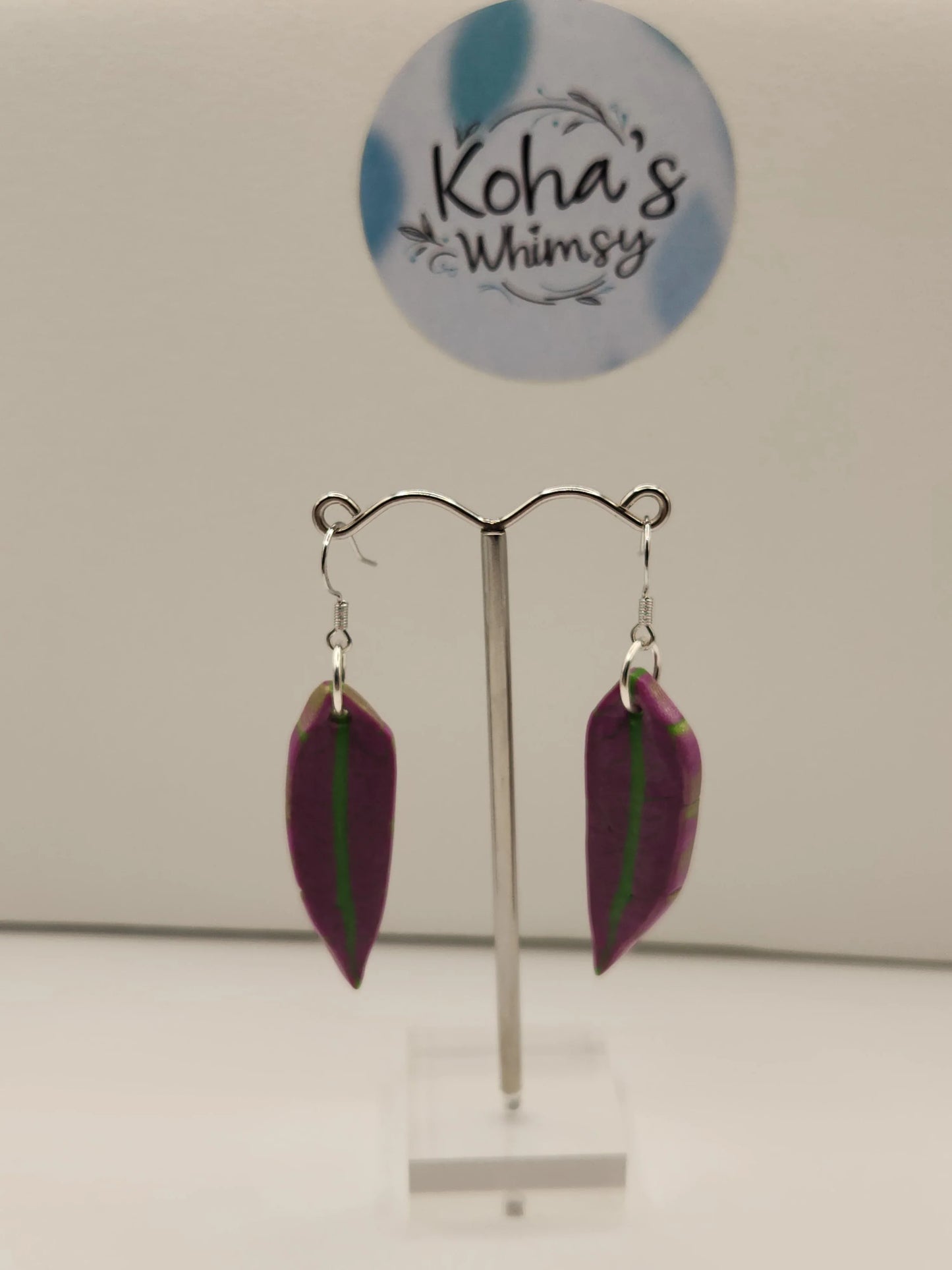 Handmade polymer clay Earrings - Magenta Leaves Dangle Earrings