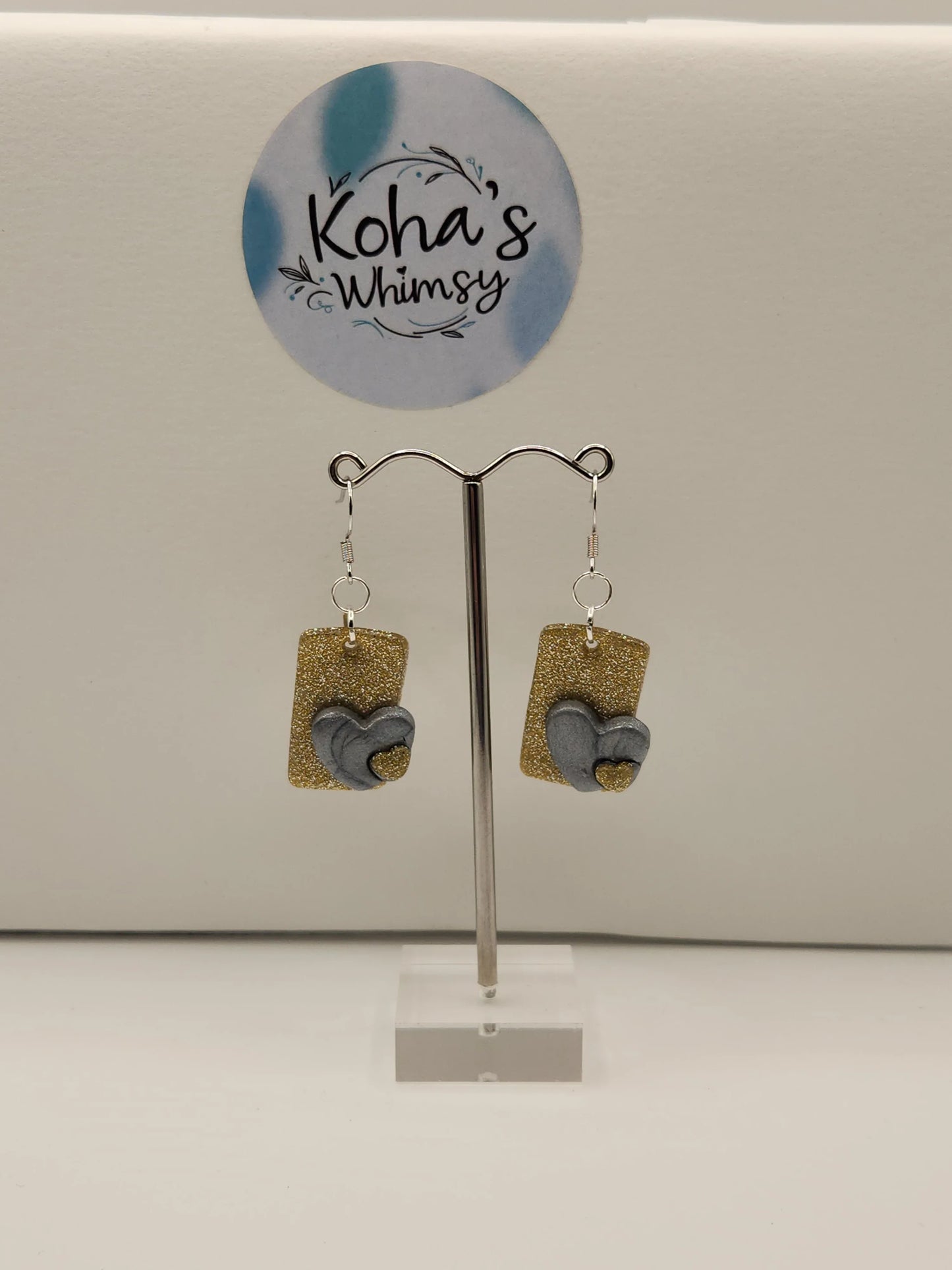 Handmade polymer clay Earrings - Silver Hearts Dangle Earrings