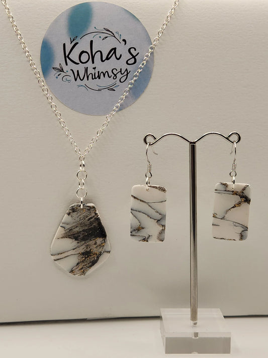 Handmade polymer clay Jewellery Set - Howlite Jewellery Set - Rectangle Earrings & Drop Pendant