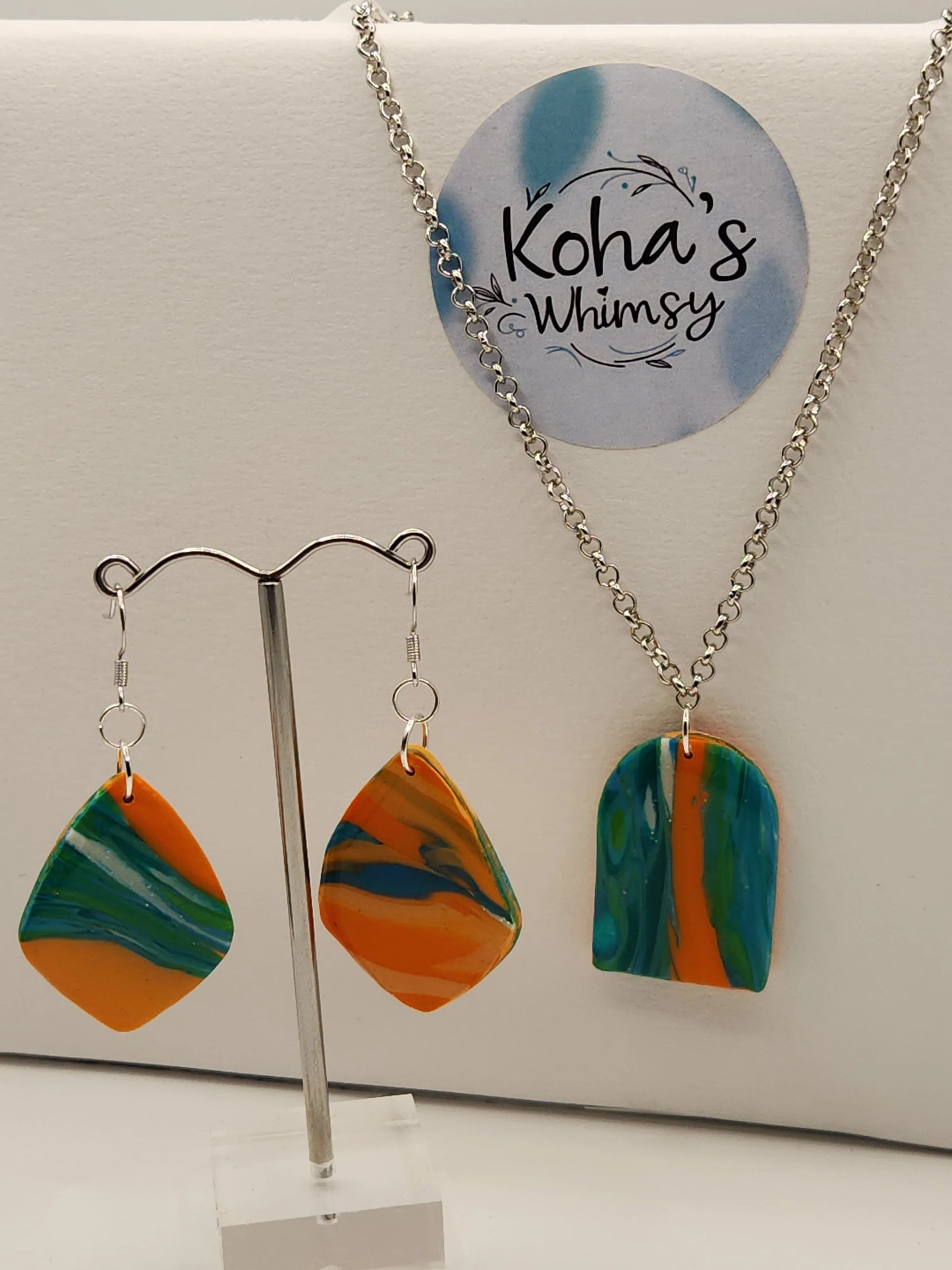 Handmade polymer clay Jewellery Set - Orange Emerald Jewellery Set